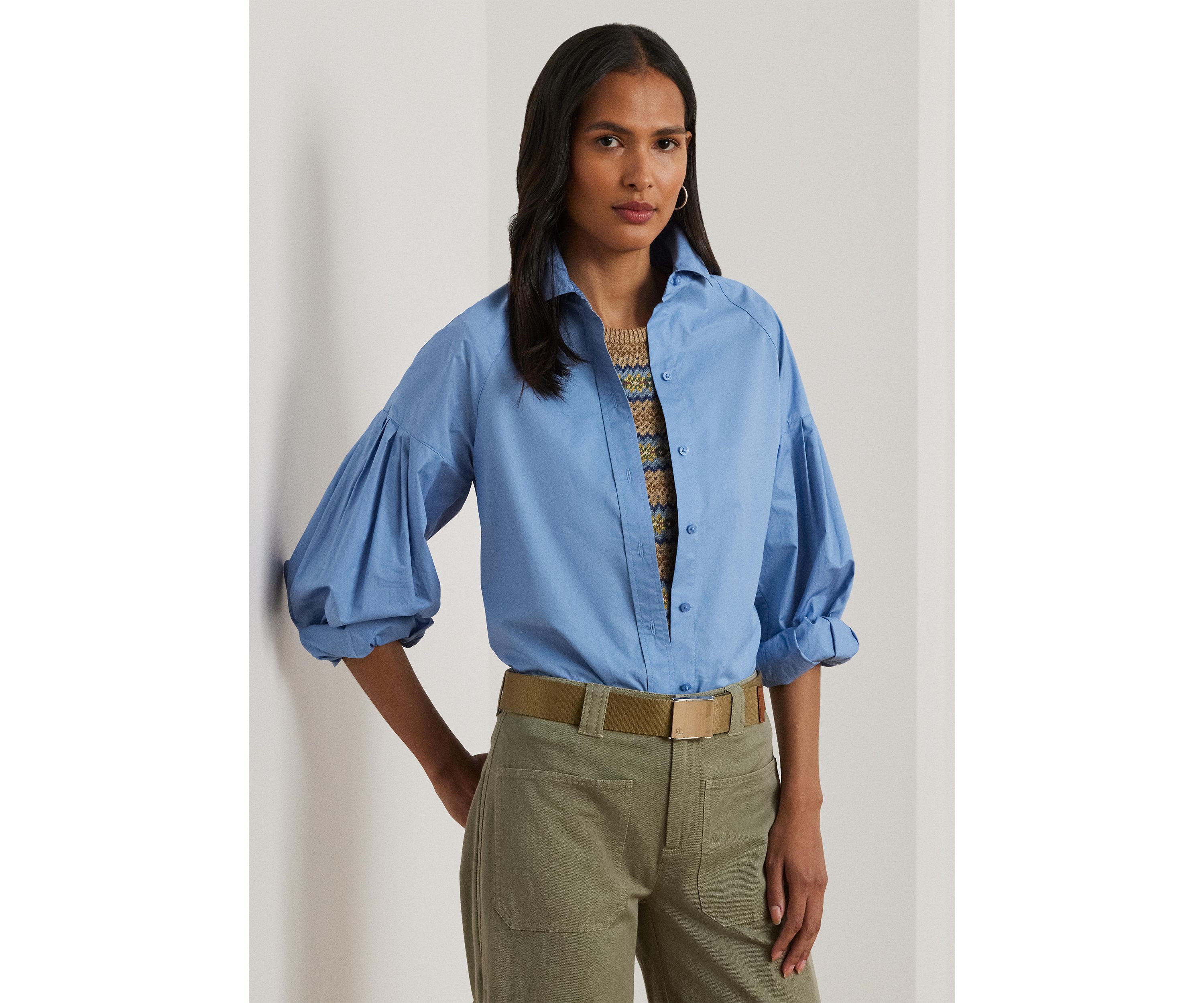 Womens Cotton Poplin Blouson-Sleeve Shirt