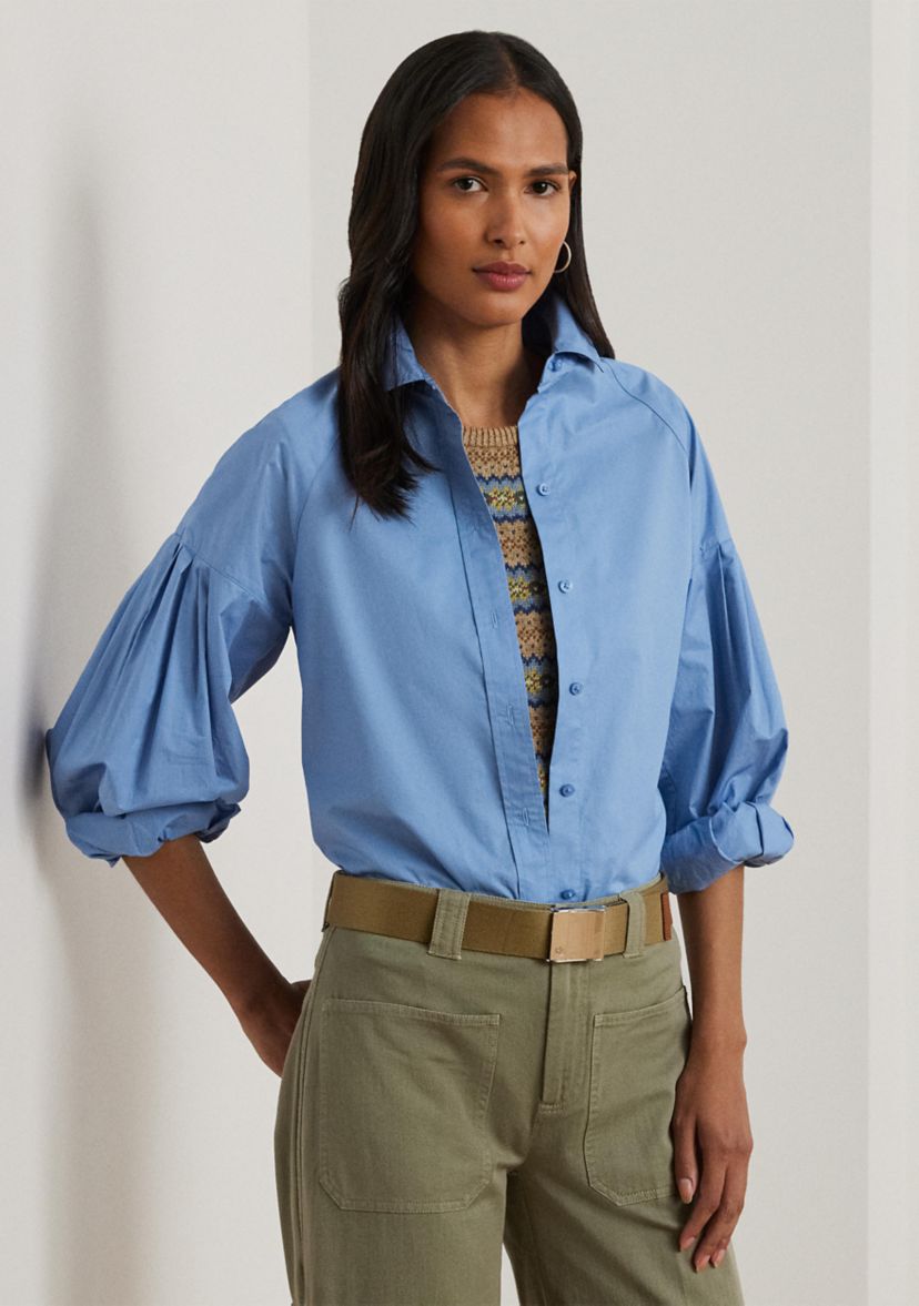 Womens Cotton Poplin Blouson-Sleeve Shirt