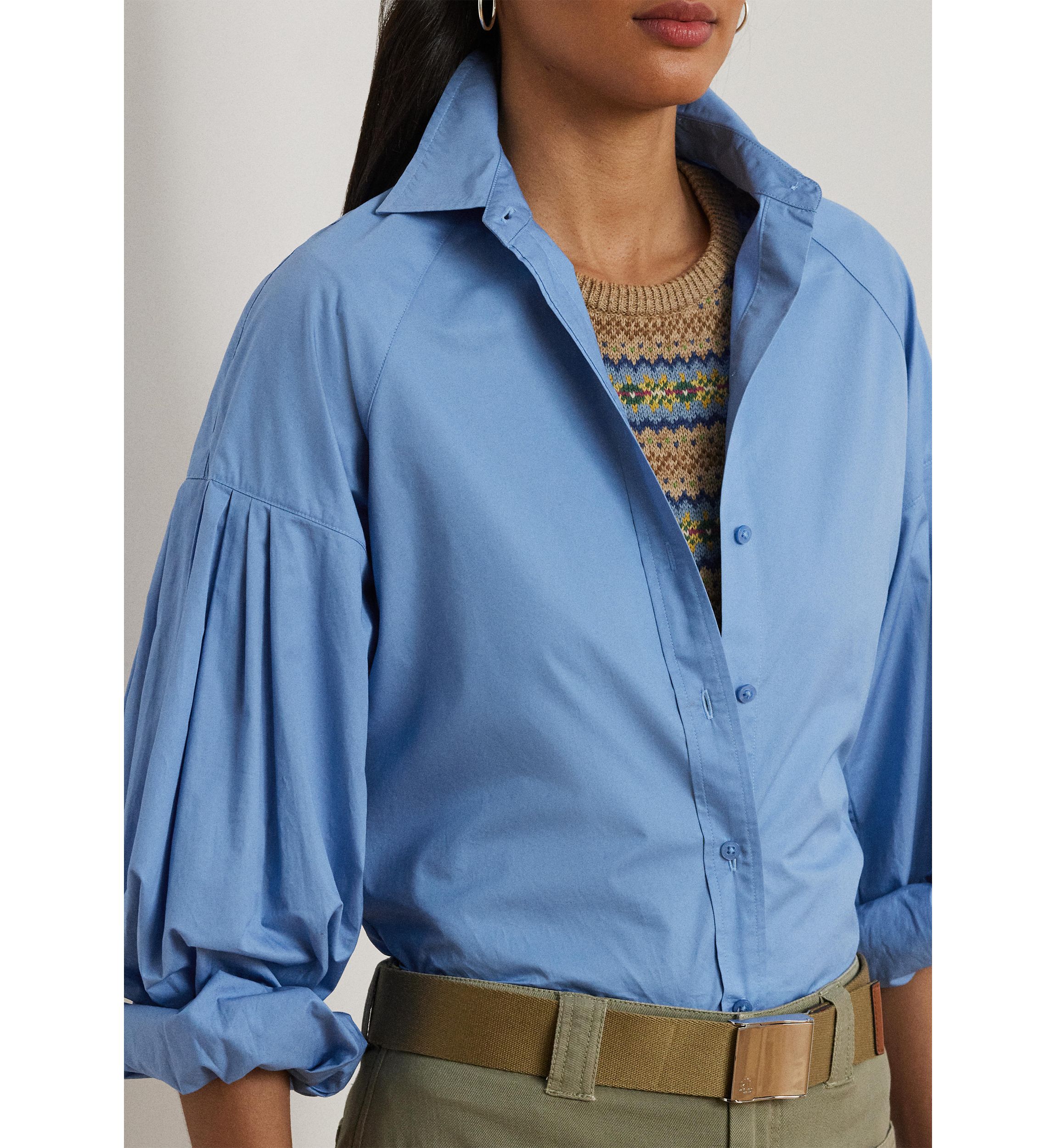 Womens Cotton Poplin Blouson-Sleeve Shirt