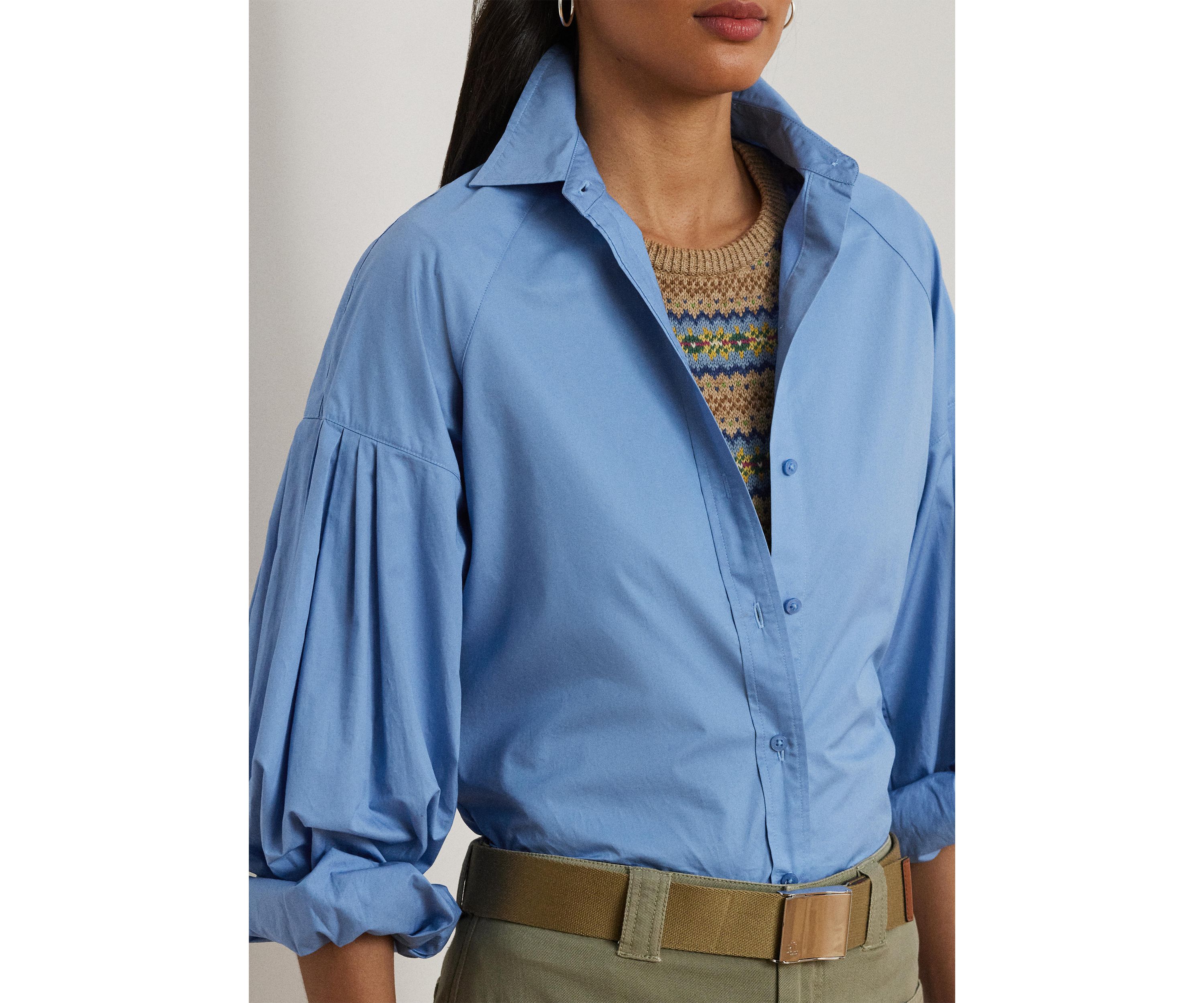 Womens Cotton Poplin Blouson-Sleeve Shirt