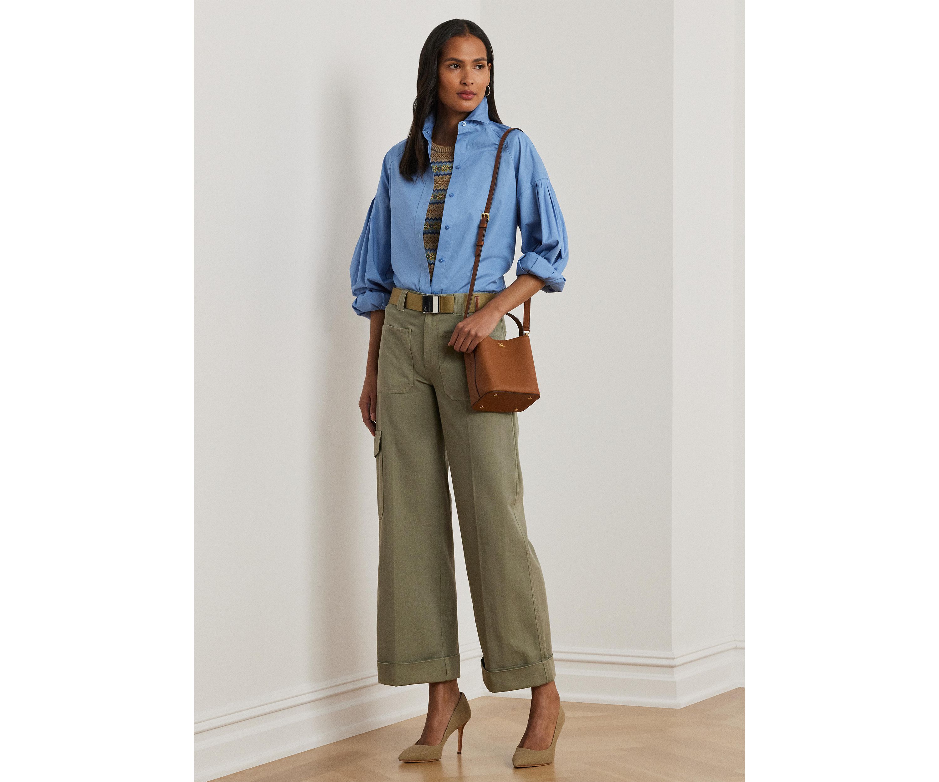 Womens Cotton Poplin Blouson-Sleeve Shirt