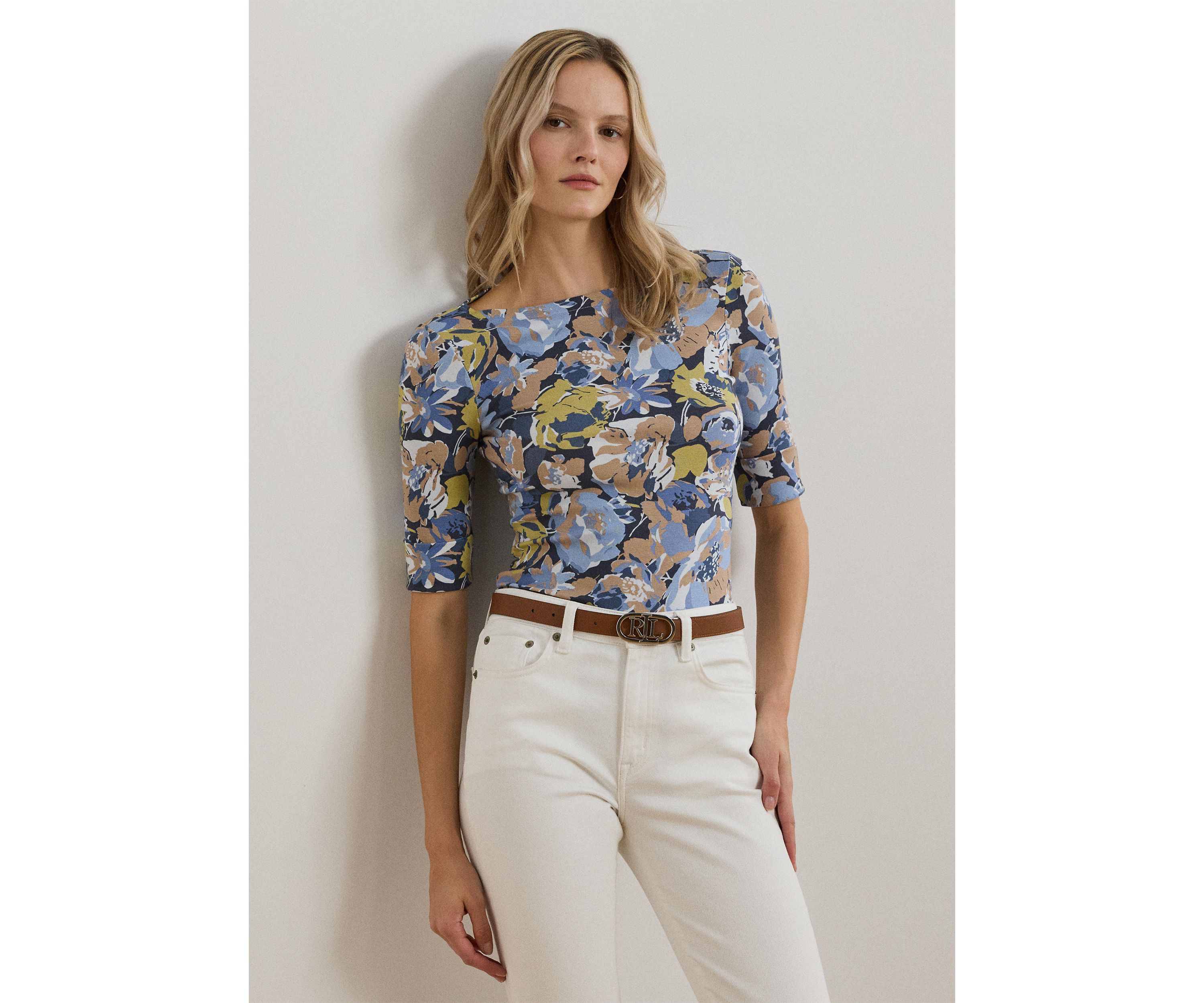 Womens Floral Stretch Cotton Boat Neck T-Shirt