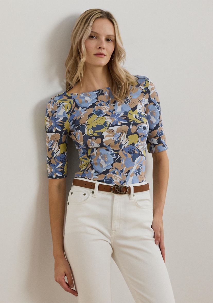 Womens Floral Stretch Cotton Boat Neck T-Shirt