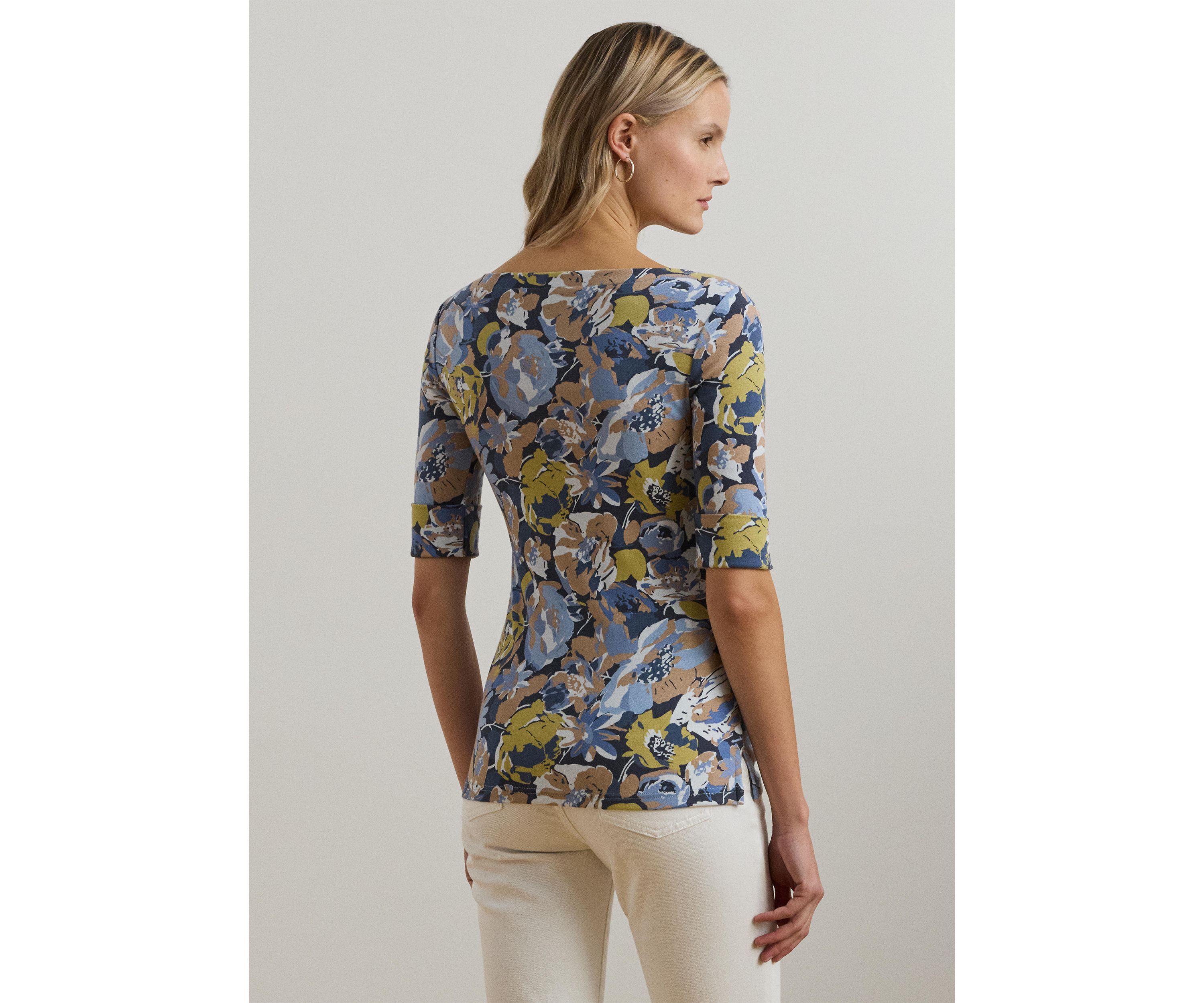 Womens Floral Stretch Cotton Boat Neck T-Shirt