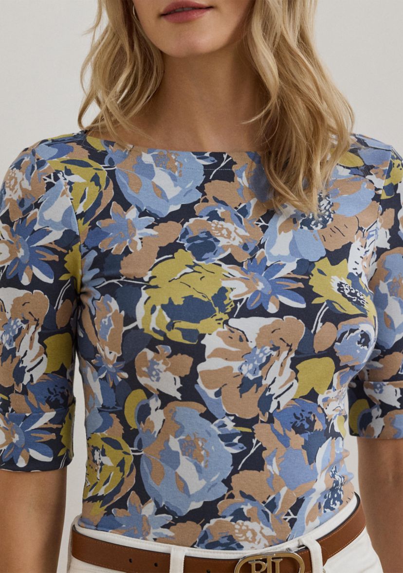 Womens Floral Stretch Cotton Boat Neck T-Shirt