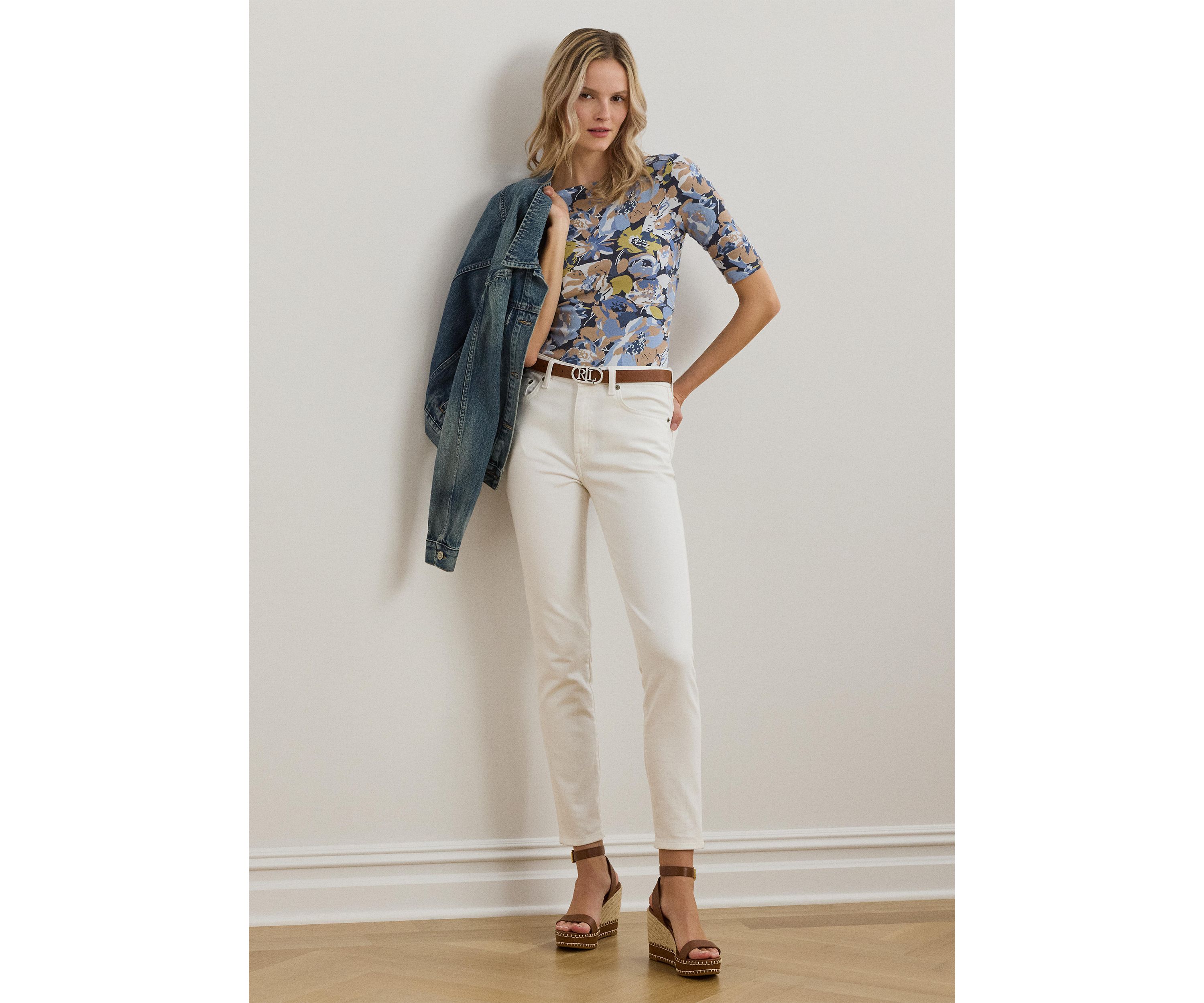 Womens Floral Stretch Cotton Boat Neck T-Shirt
