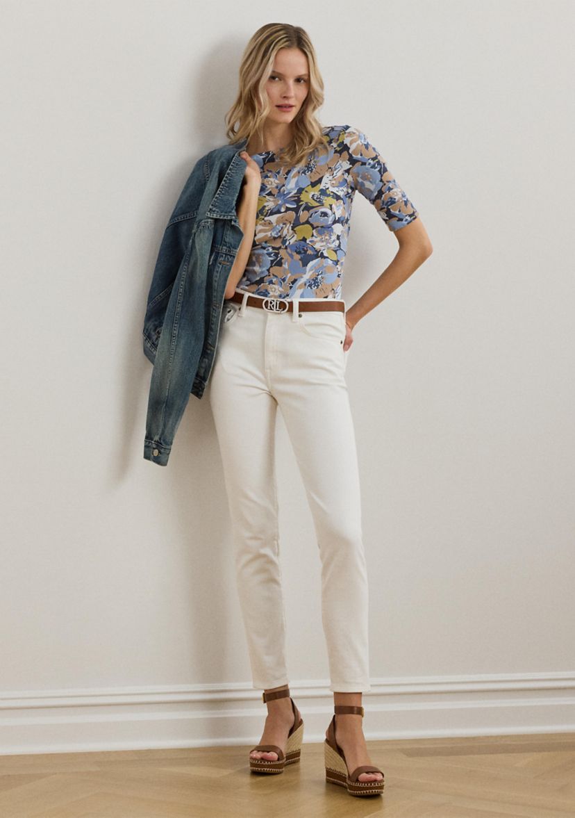 Womens Floral Stretch Cotton Boat Neck T-Shirt