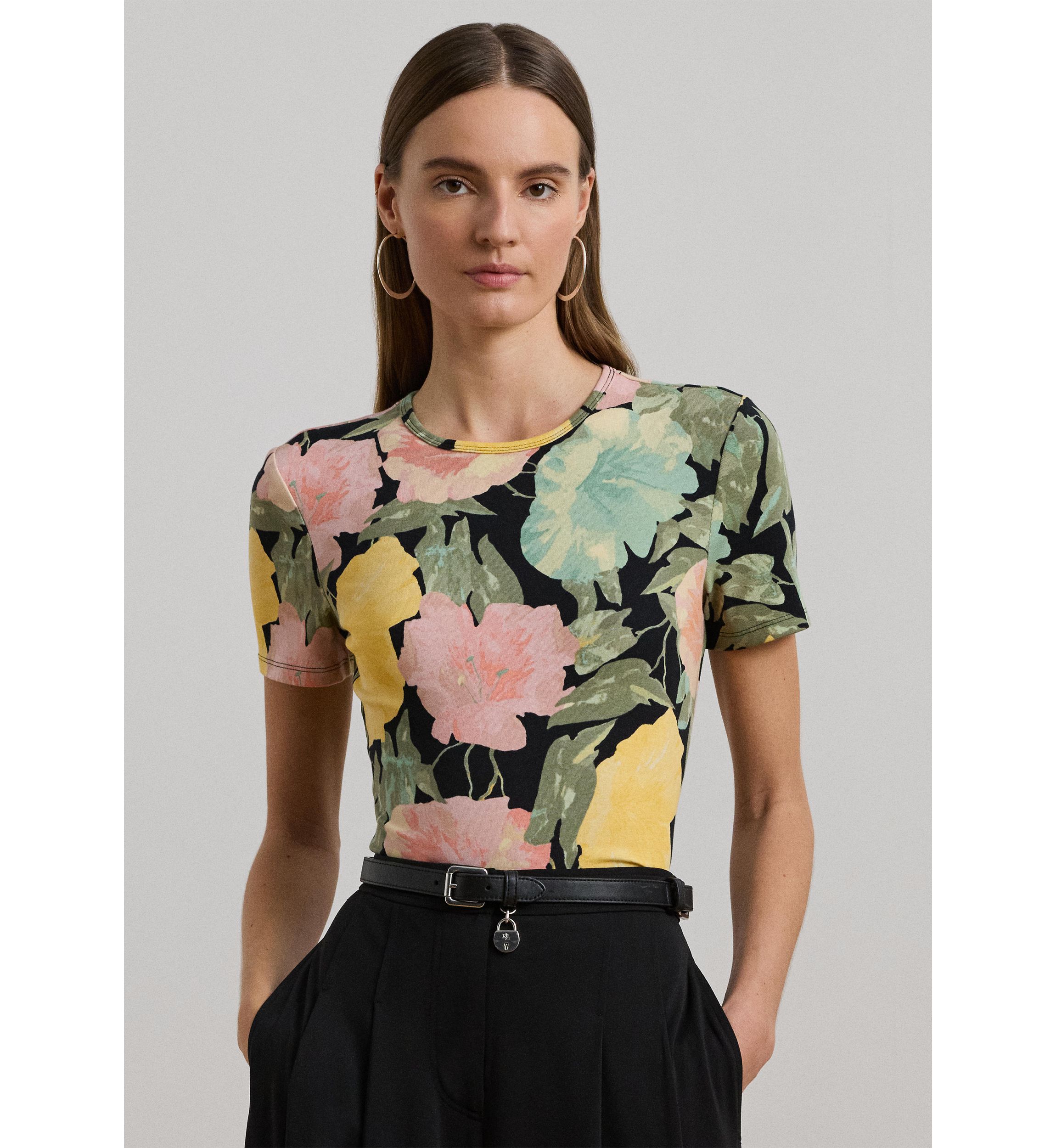 Floral Stretch Cotton Crew Neck T-Shirt