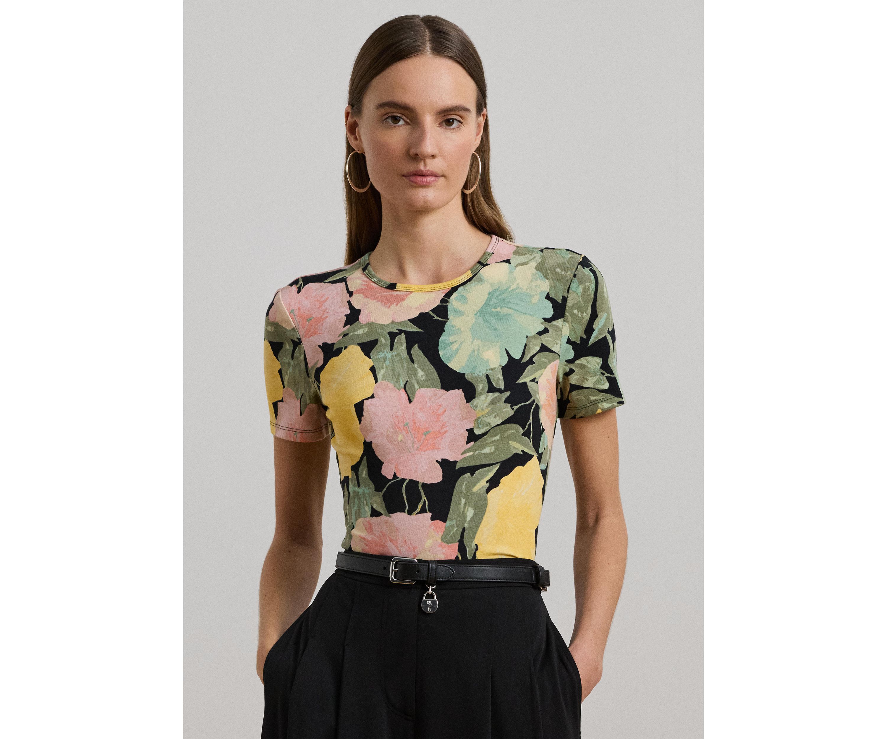 Floral Stretch Cotton Crew Neck T-Shirt