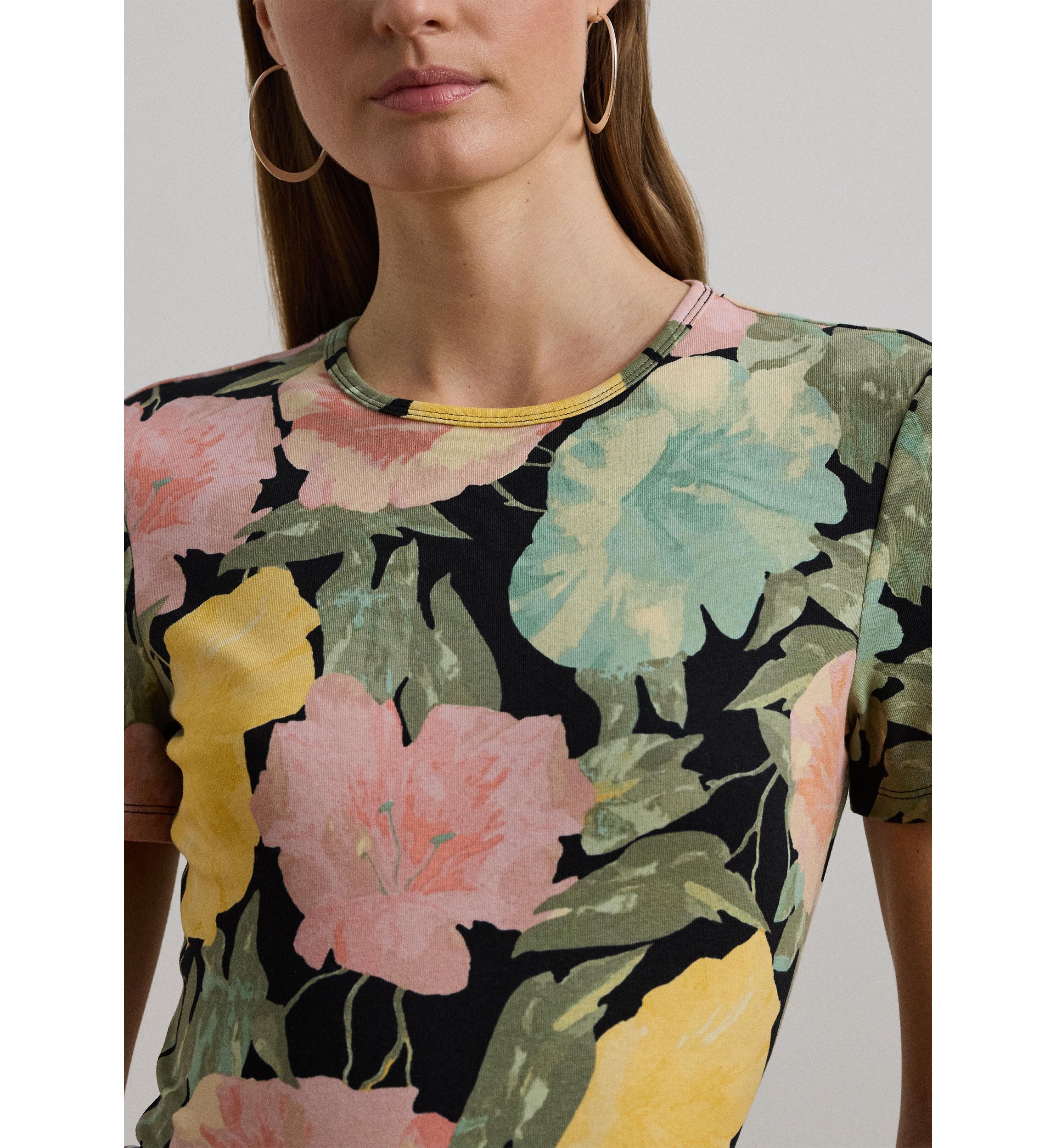 Floral Stretch Cotton Crew Neck T-Shirt