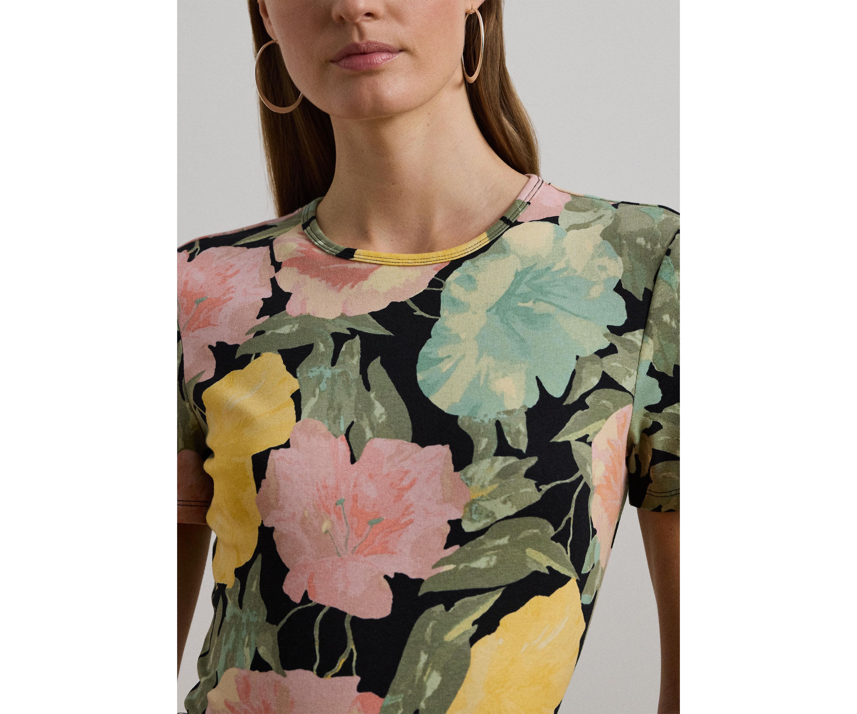 Floral Stretch Cotton Crew Neck T-Shirt