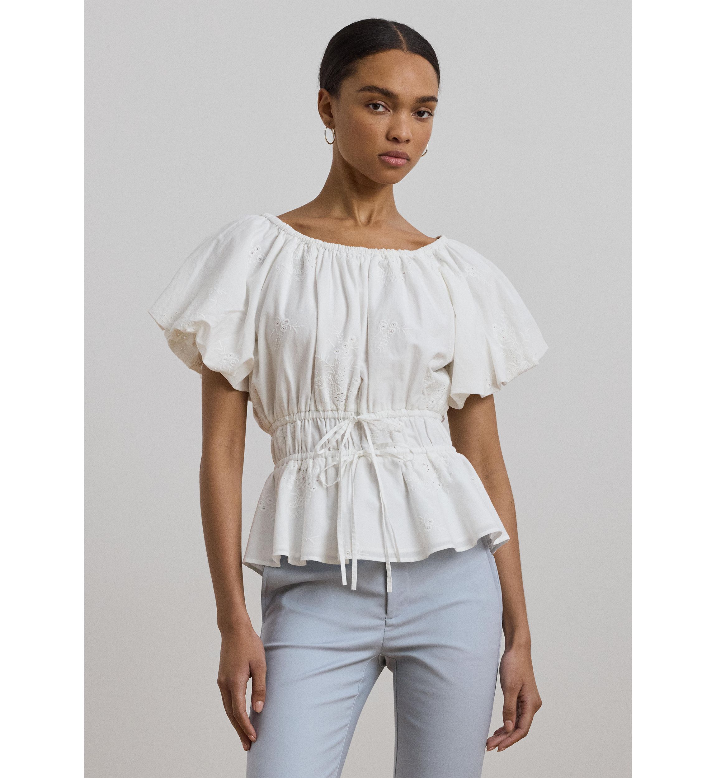 Eyelet Cotton Voile Peplum Blouse
