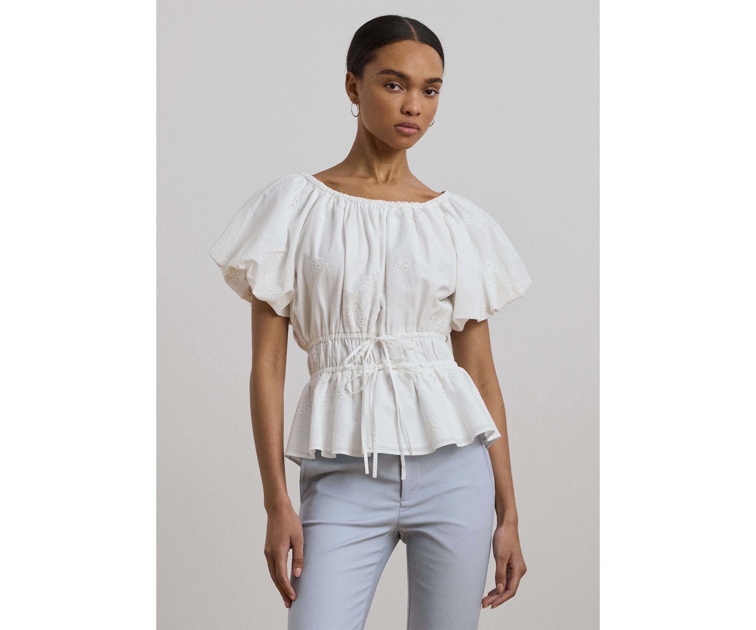 Eyelet Cotton Voile Peplum Blouse