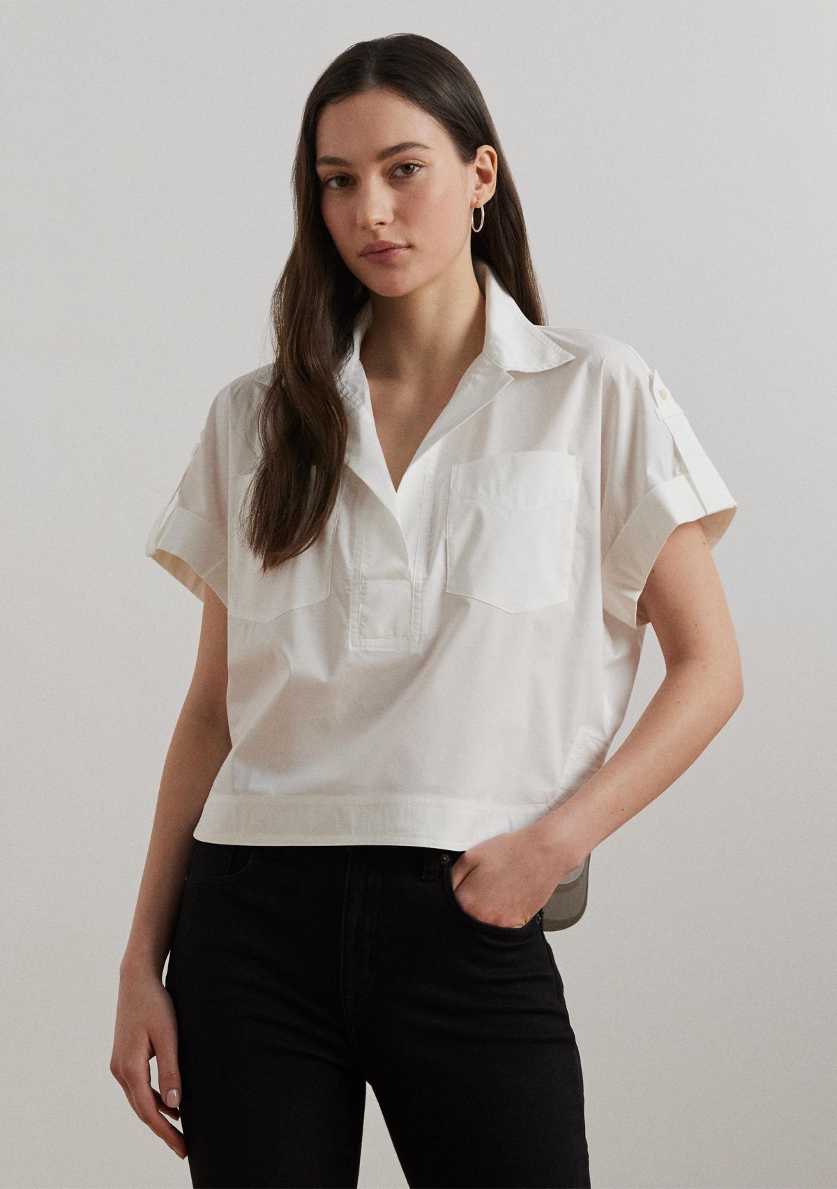 Womens Cotton-Blend Short-Sleeve Camp Shirt