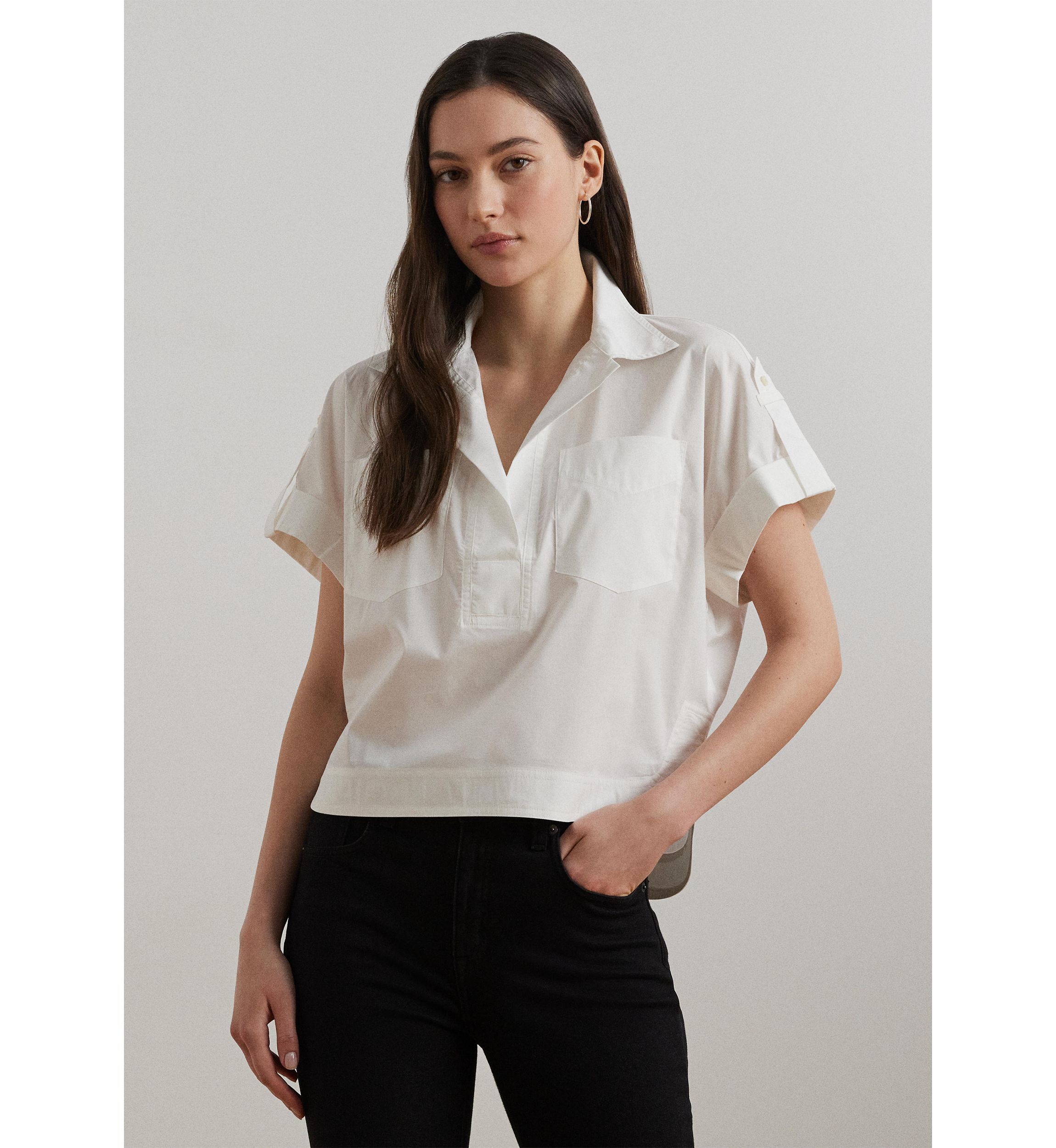 Womens Cotton-Blend Short-Sleeve Camp Shirt