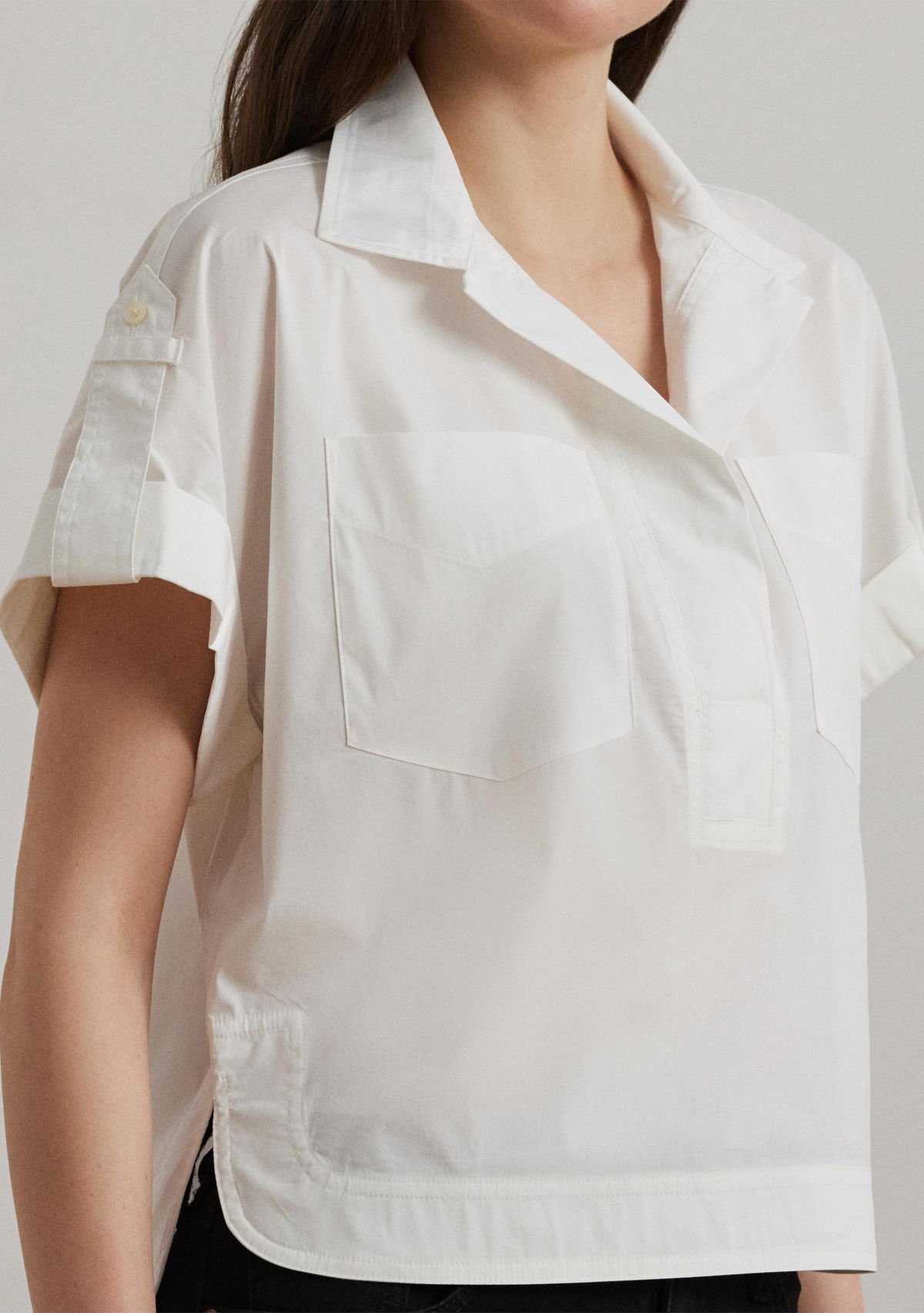 Womens Cotton-Blend Short-Sleeve Camp Shirt