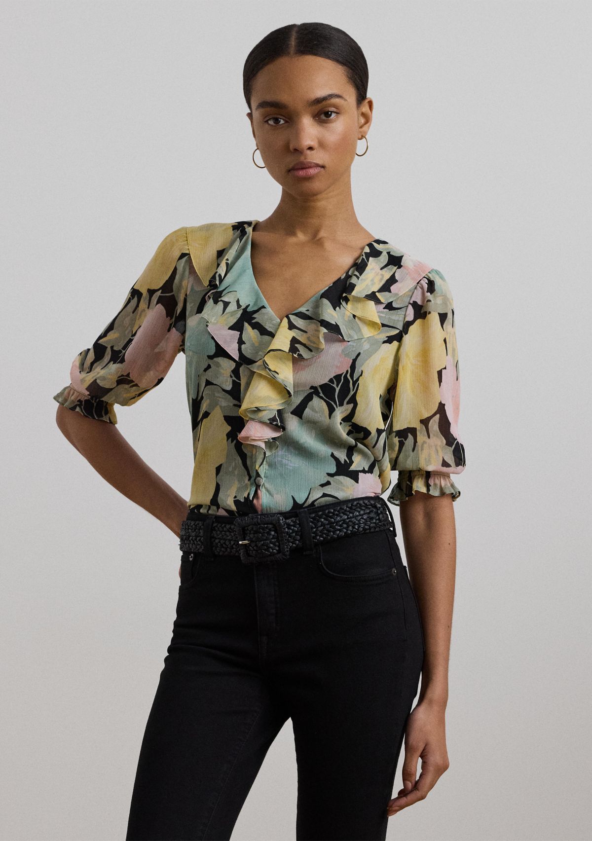 Floral Georgette Ruffle Trim Blouse