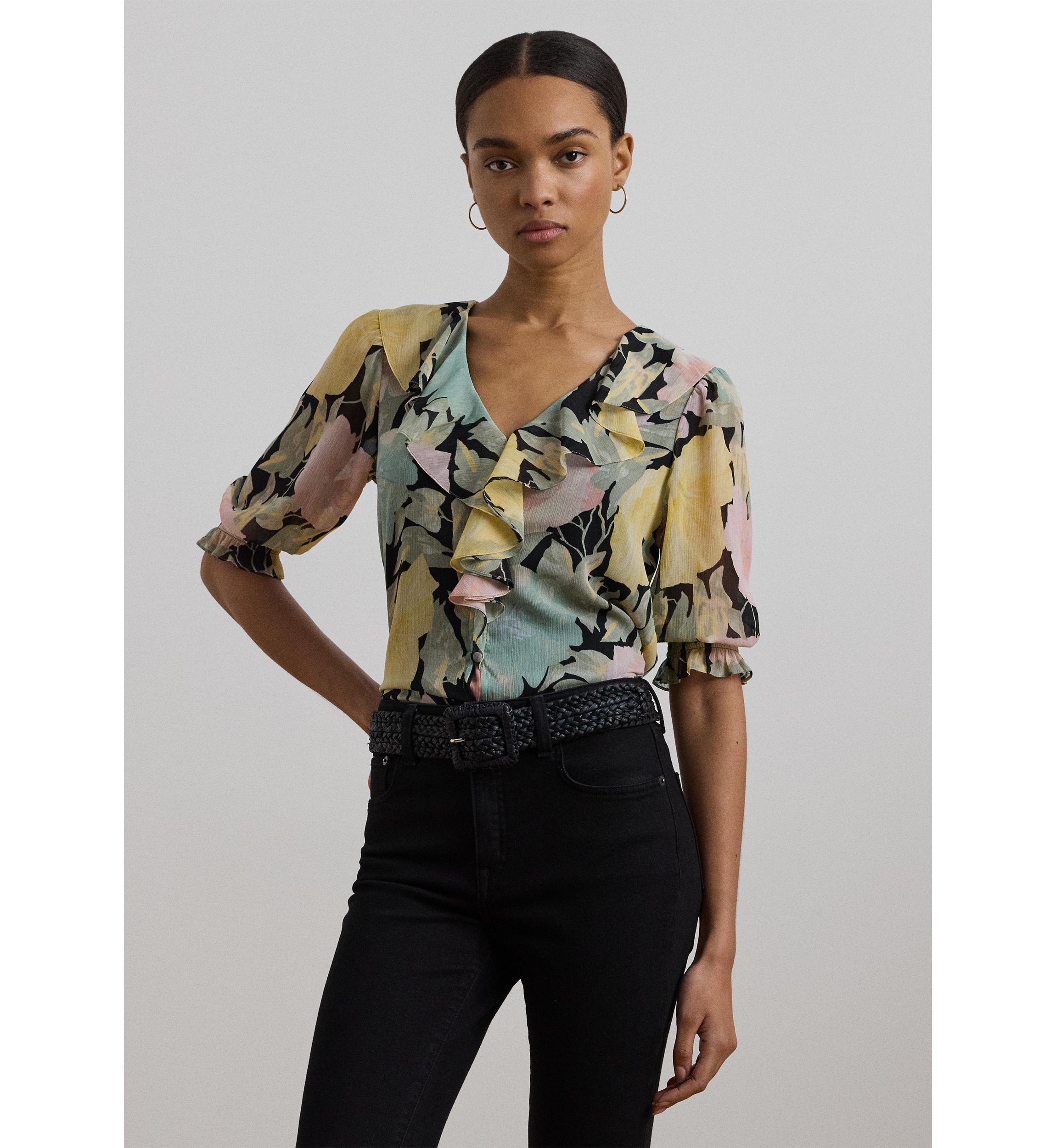 Floral Georgette Ruffle Trim Blouse