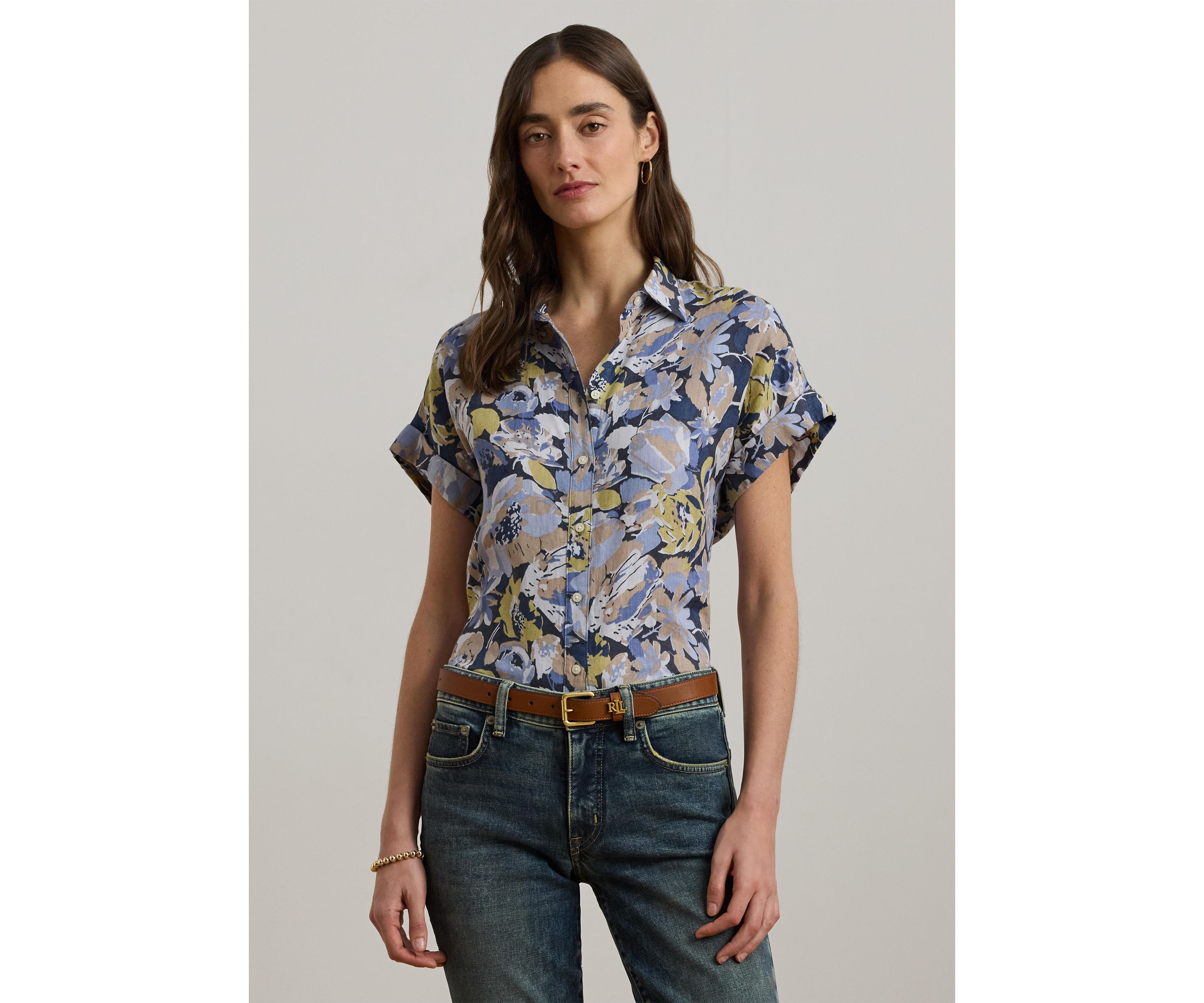Womens Relaxed Fit Floral Short-Sleeve Shirt
