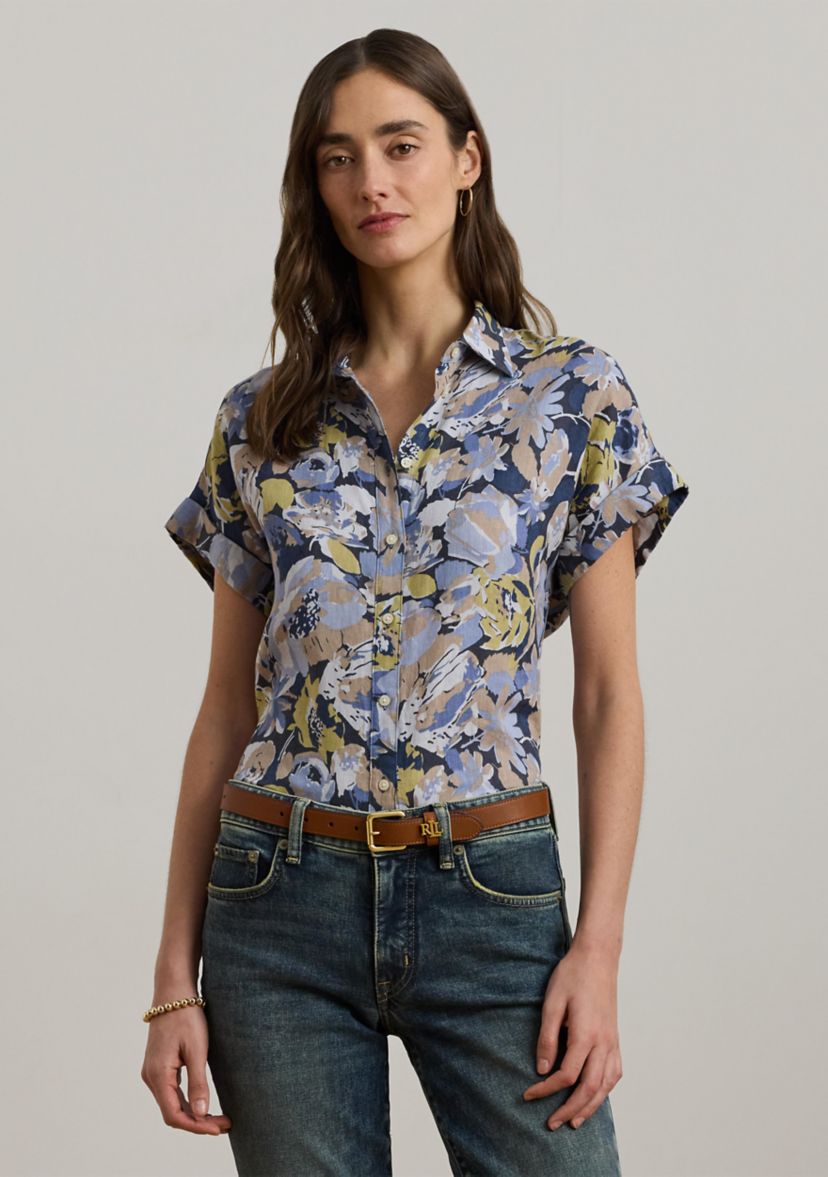Womens Relaxed Fit Floral Short-Sleeve Shirt