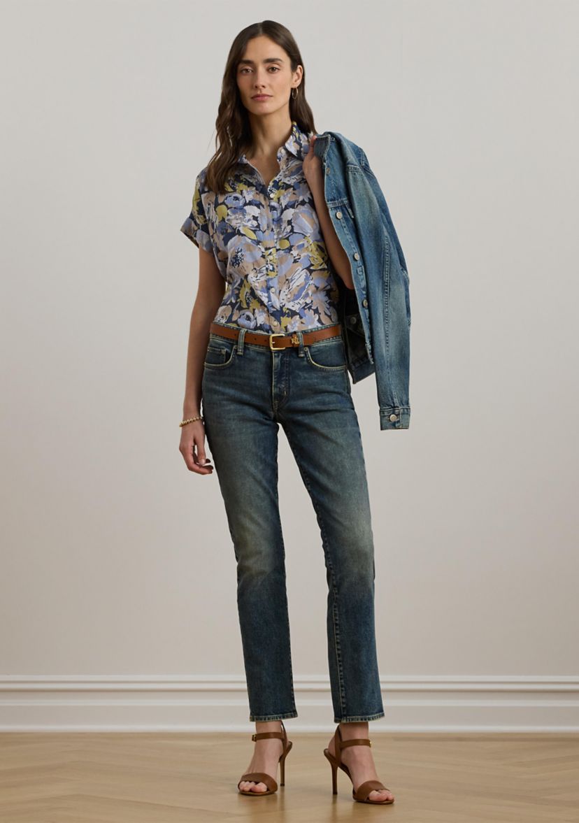 Womens Relaxed Fit Floral Short-Sleeve Shirt