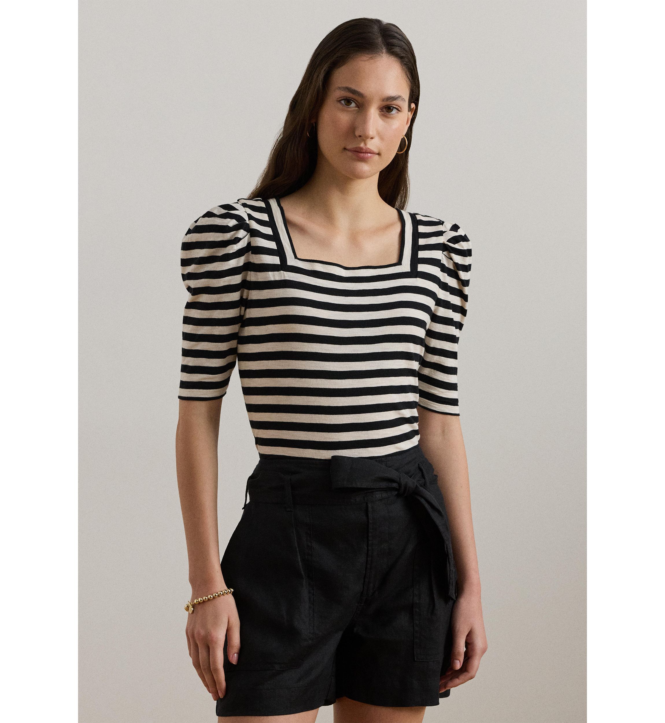 Striped Cotton Jersey Puff Sleeve T-Shirt