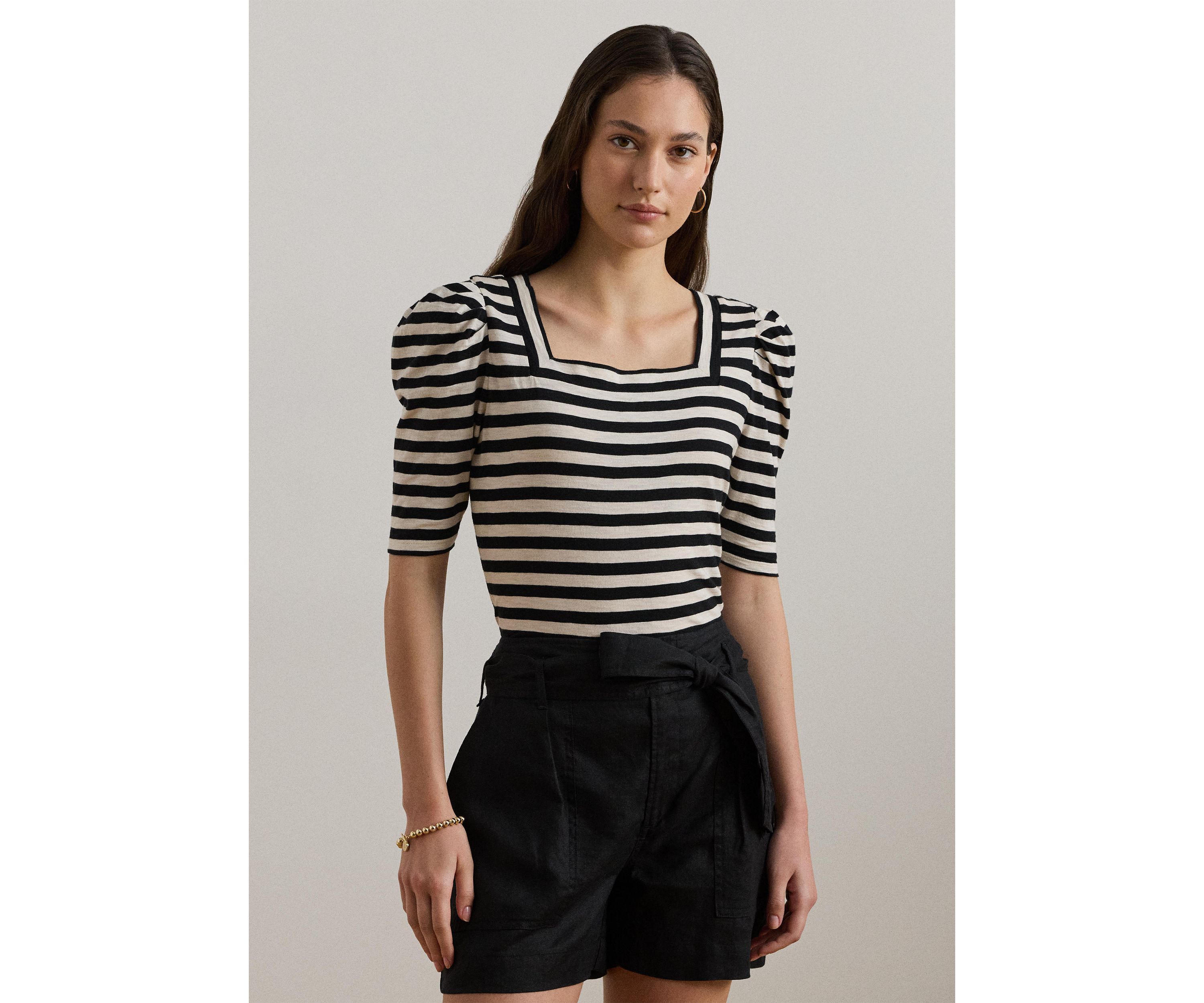 Striped Cotton Jersey Puff Sleeve T-Shirt