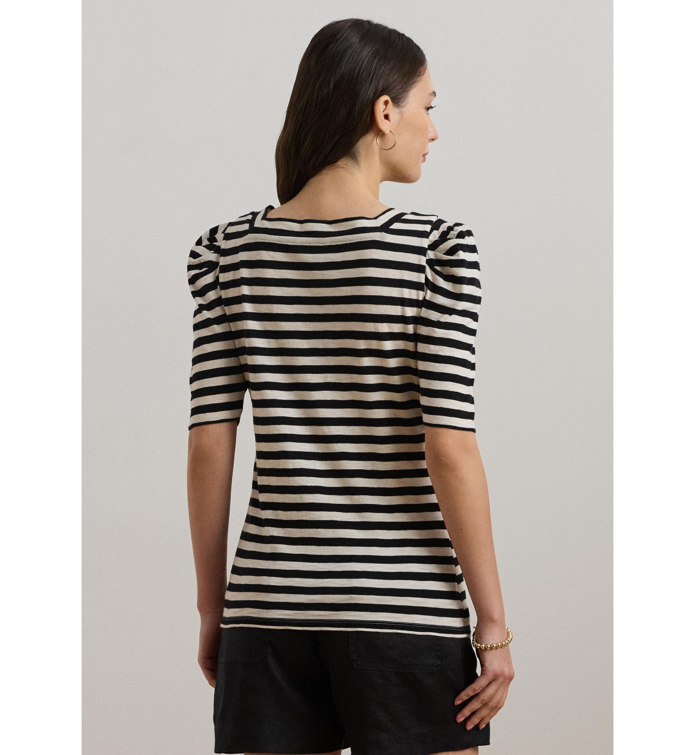 Striped Cotton Jersey Puff Sleeve T-Shirt