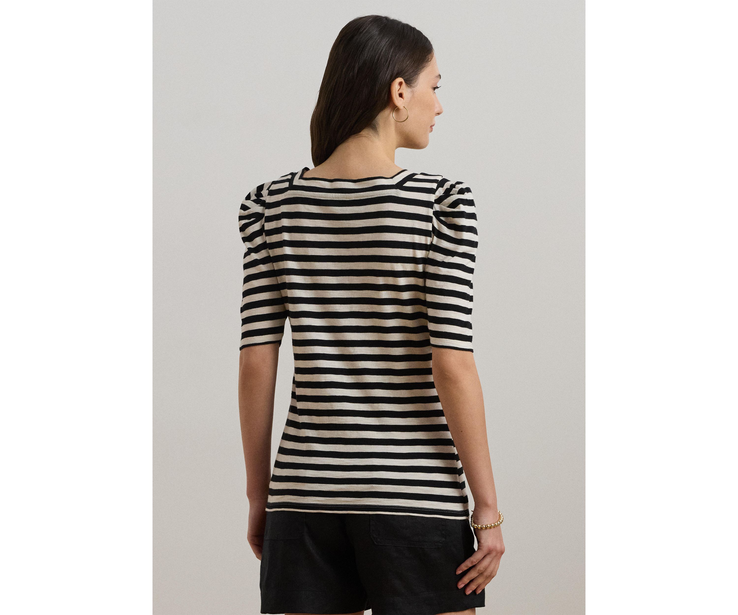 Striped Cotton Jersey Puff Sleeve T-Shirt