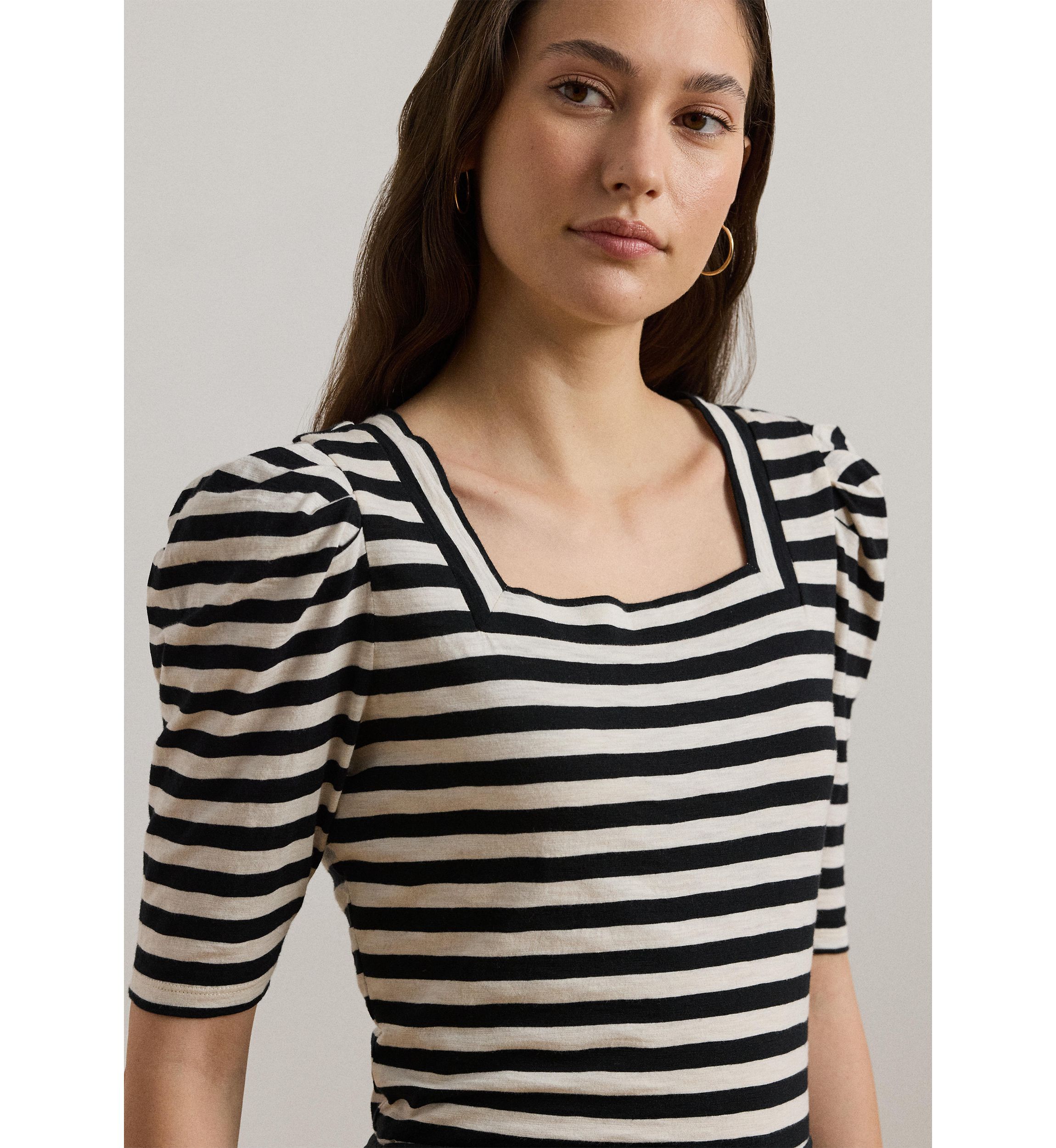 Striped Cotton Jersey Puff Sleeve T-Shirt