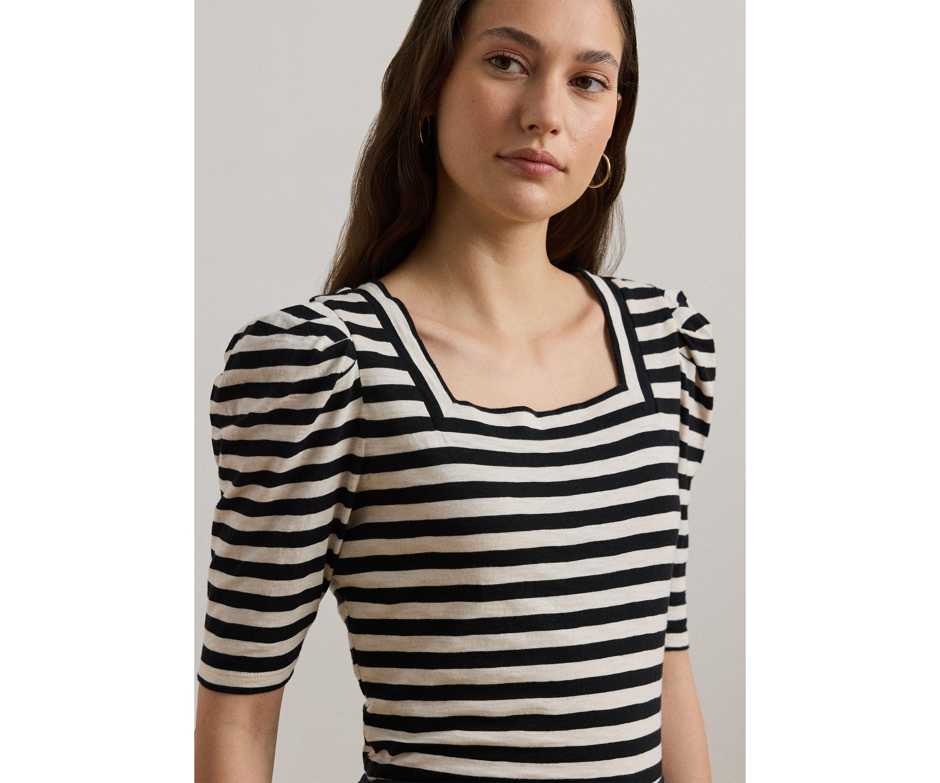 Striped Cotton Jersey Puff Sleeve T-Shirt