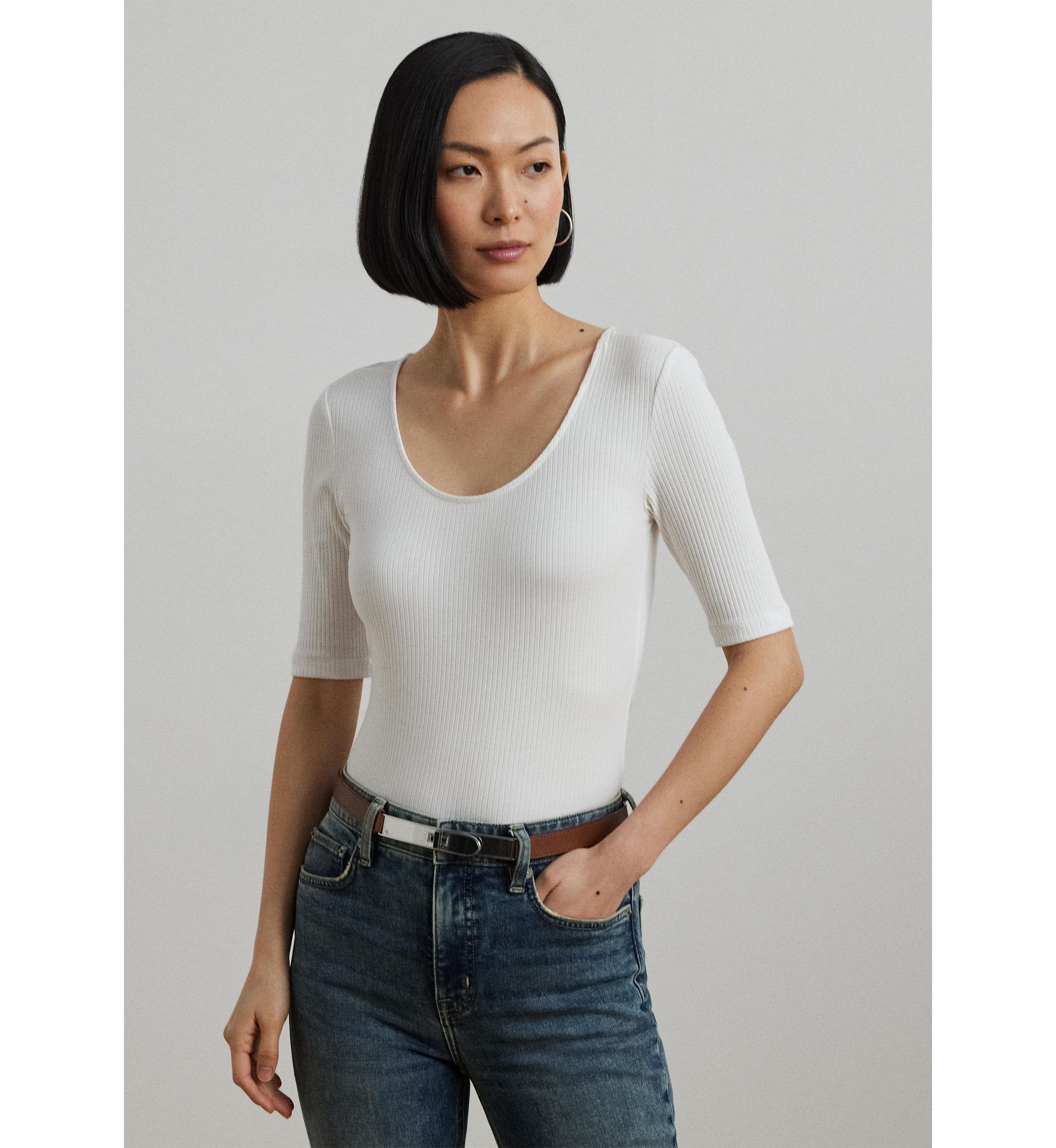 Rib Knit Cotton Blend Elbow Sleeve T-Shirt