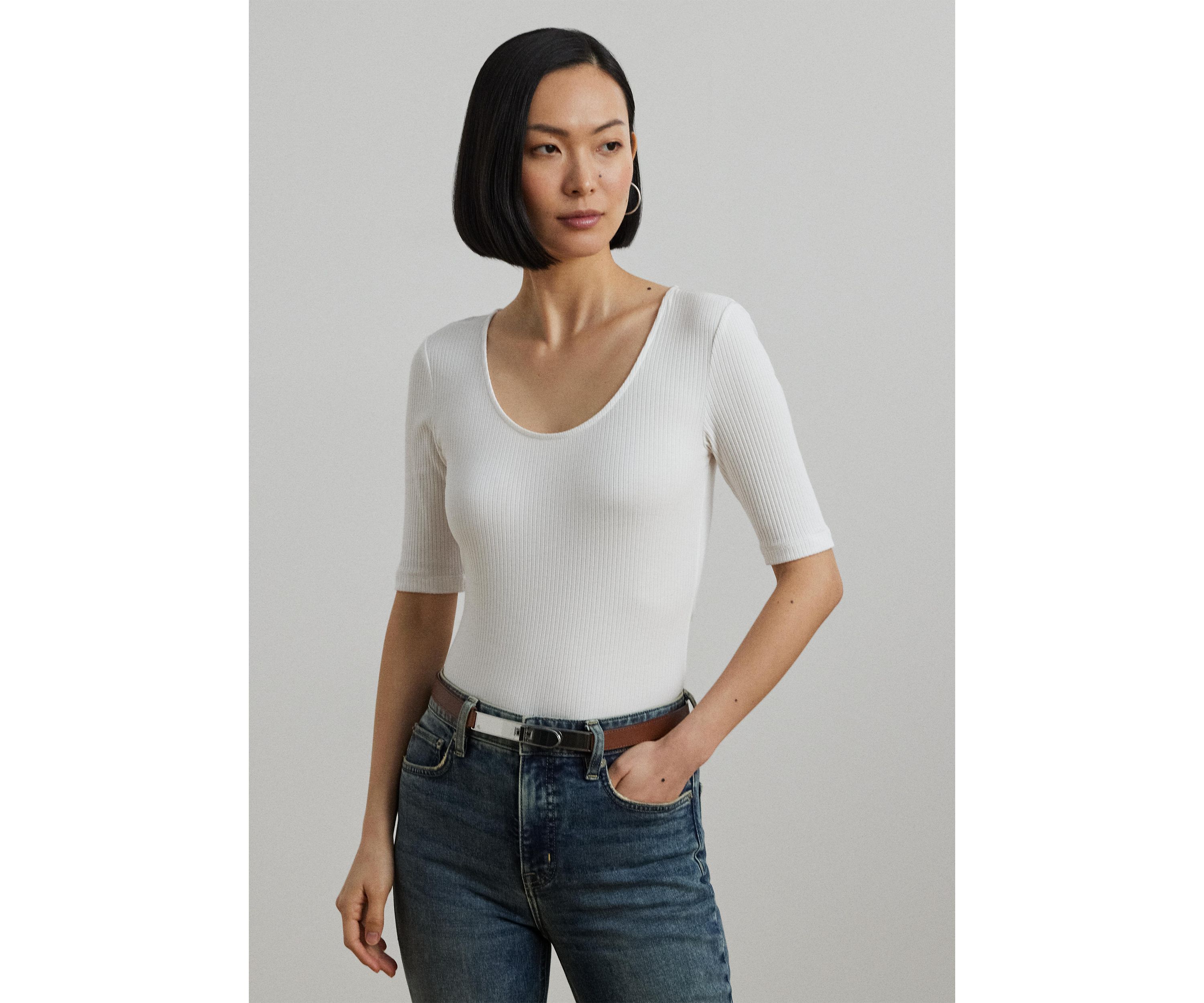 Rib Knit Cotton Blend Elbow Sleeve T-Shirt