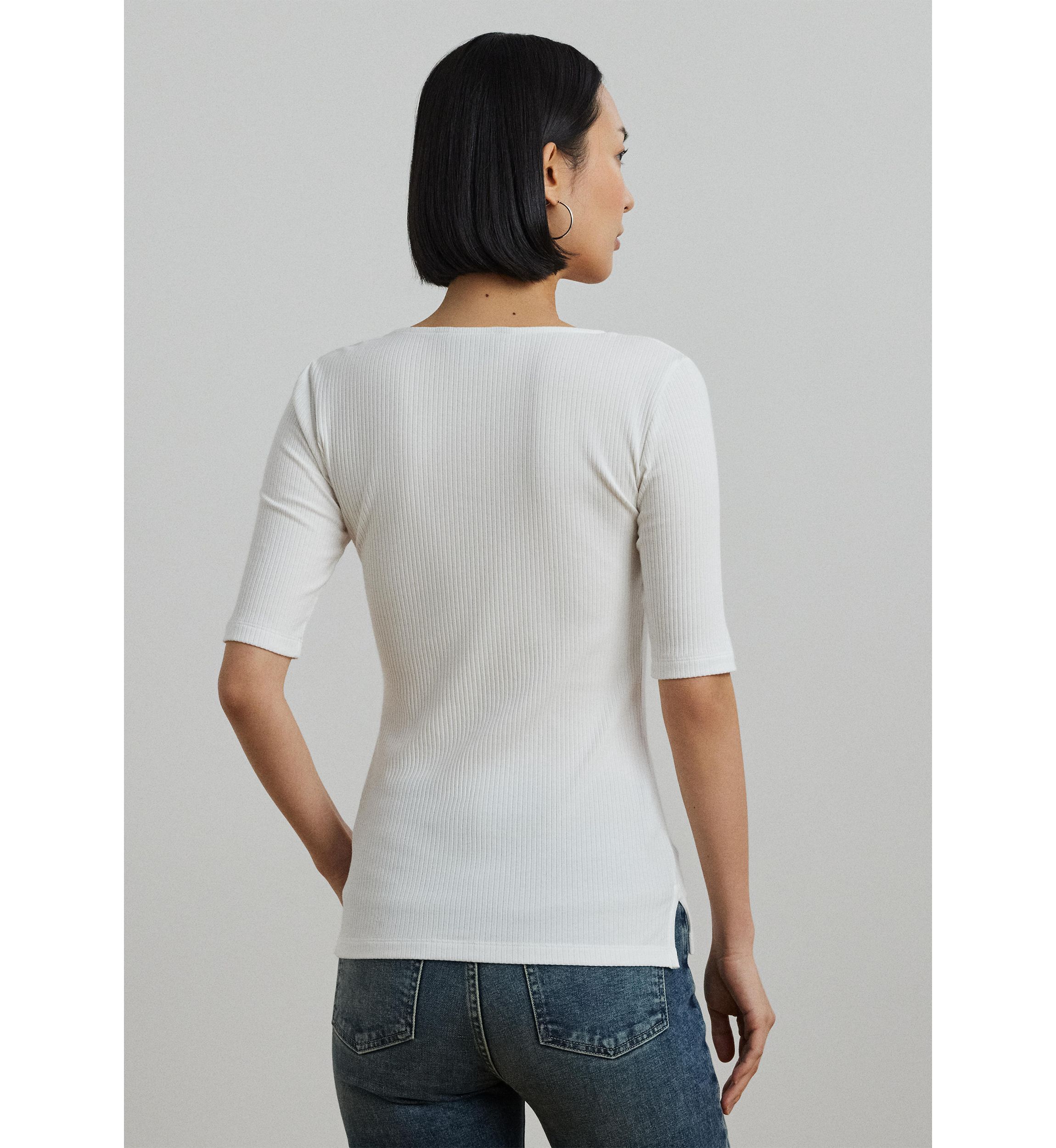 Rib Knit Cotton Blend Elbow Sleeve T-Shirt