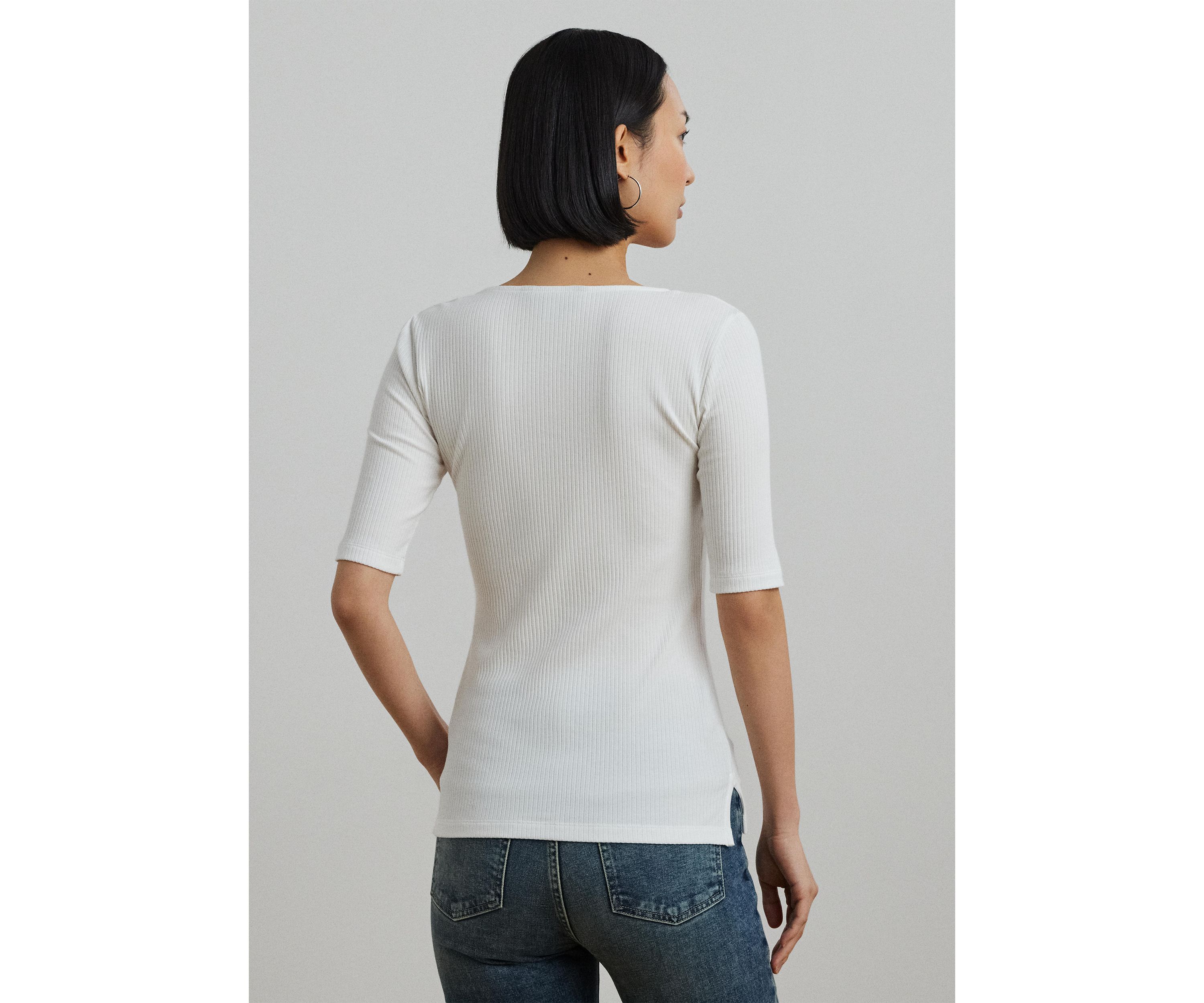 Rib Knit Cotton Blend Elbow Sleeve T-Shirt