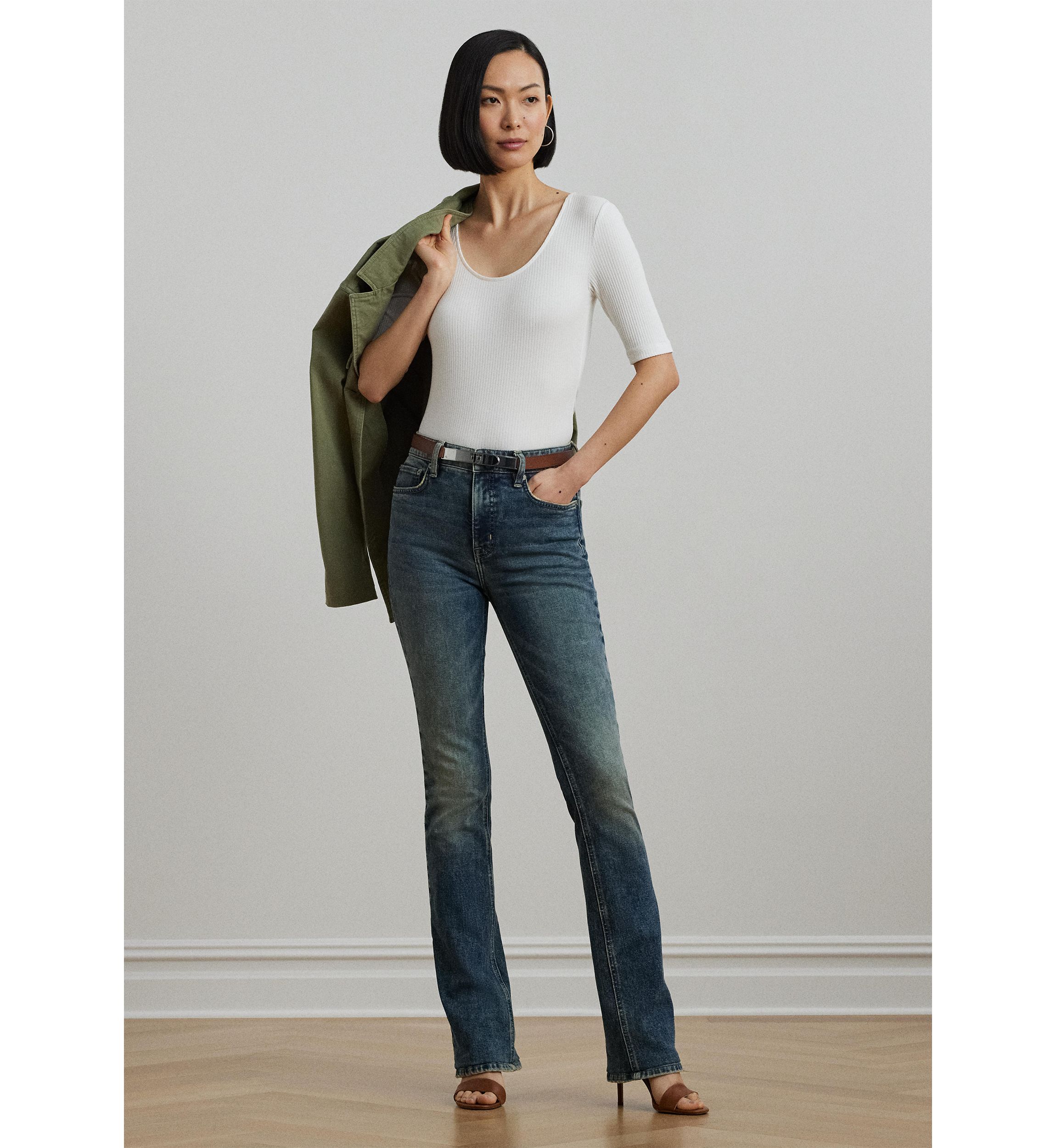 Rib Knit Cotton Blend Elbow Sleeve T-Shirt