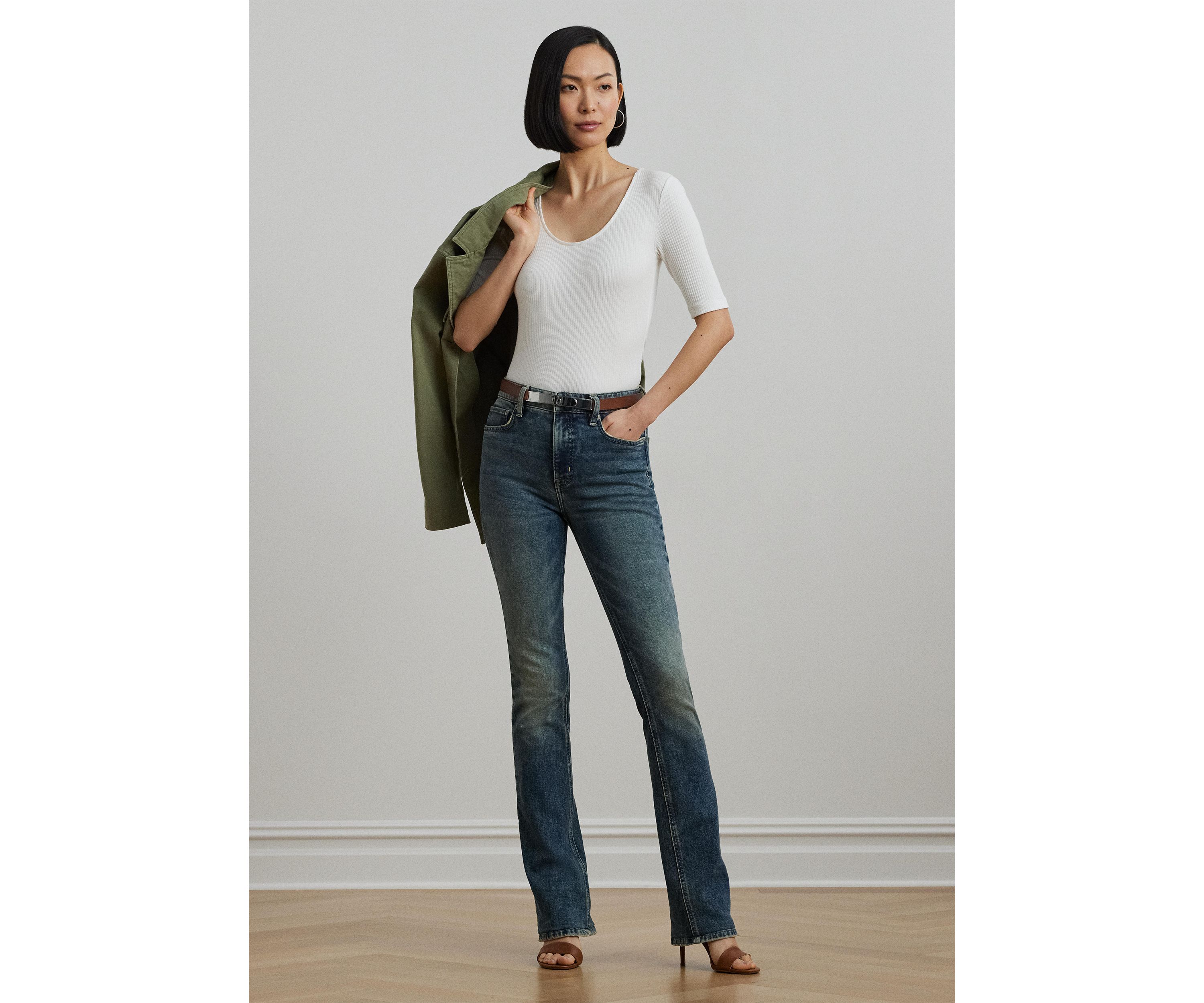 Rib Knit Cotton Blend Elbow Sleeve T-Shirt