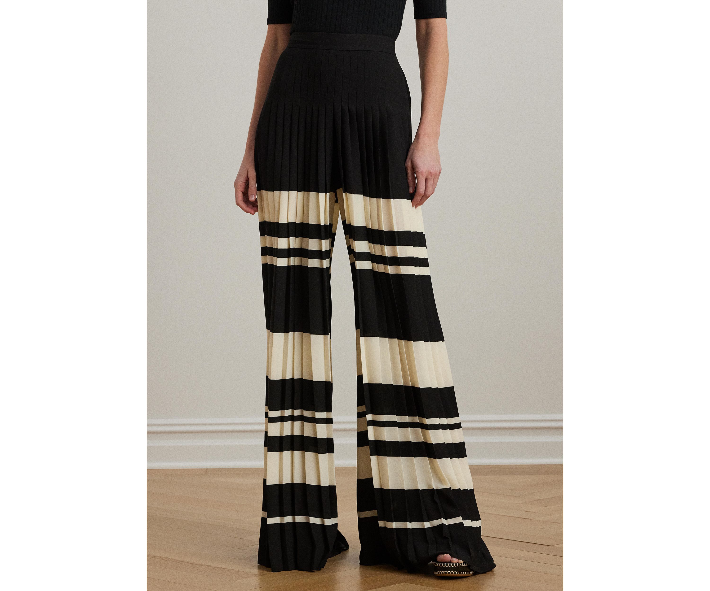 Striped Pleated Georgette Wide Leg Pants