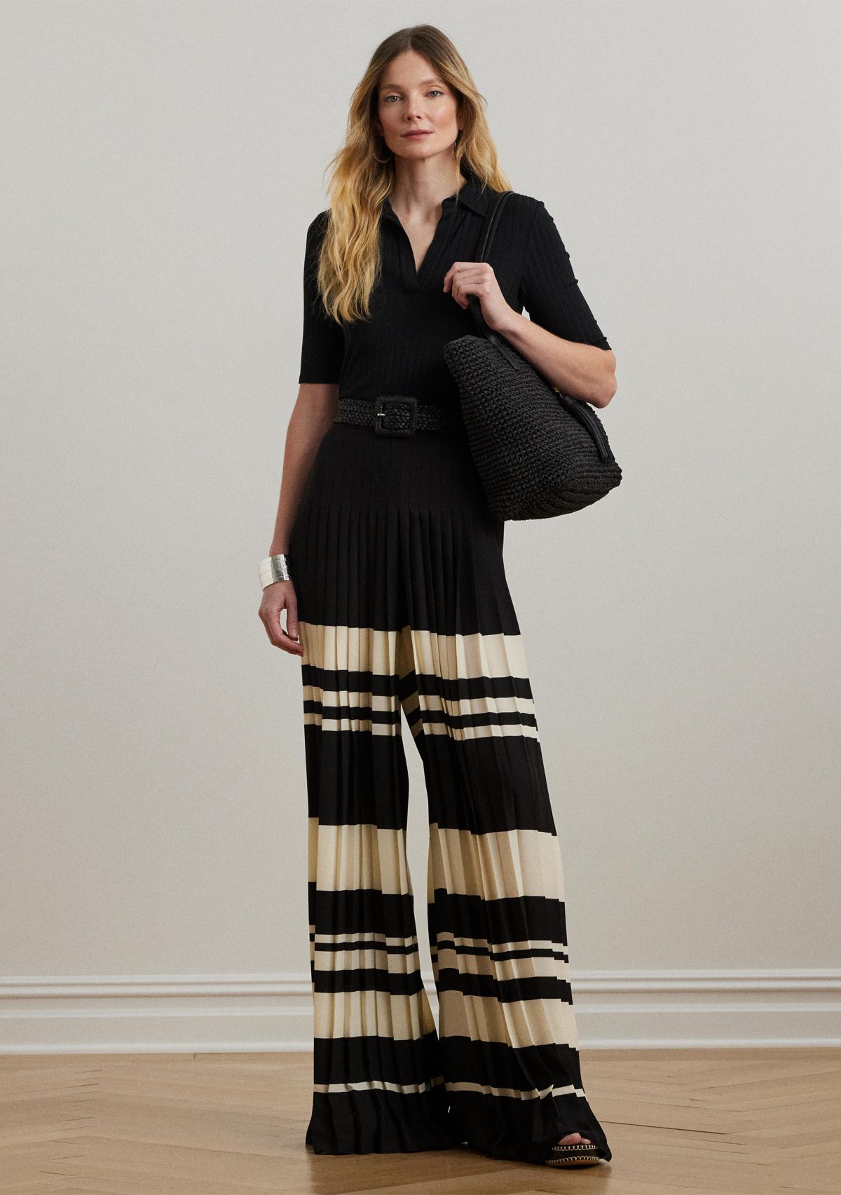 Striped Pleated Georgette Wide Leg Pants