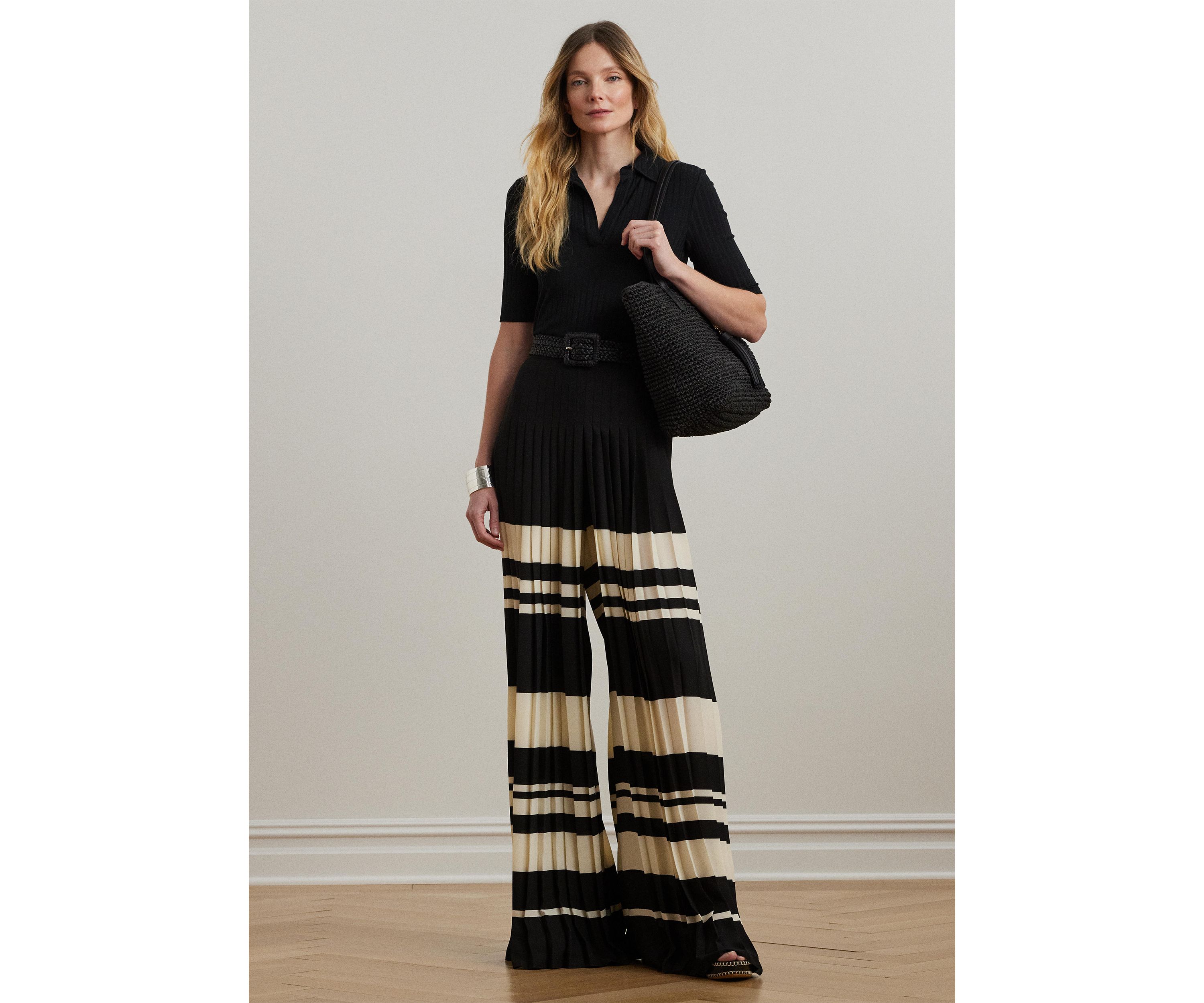 Striped Pleated Georgette Wide Leg Pants