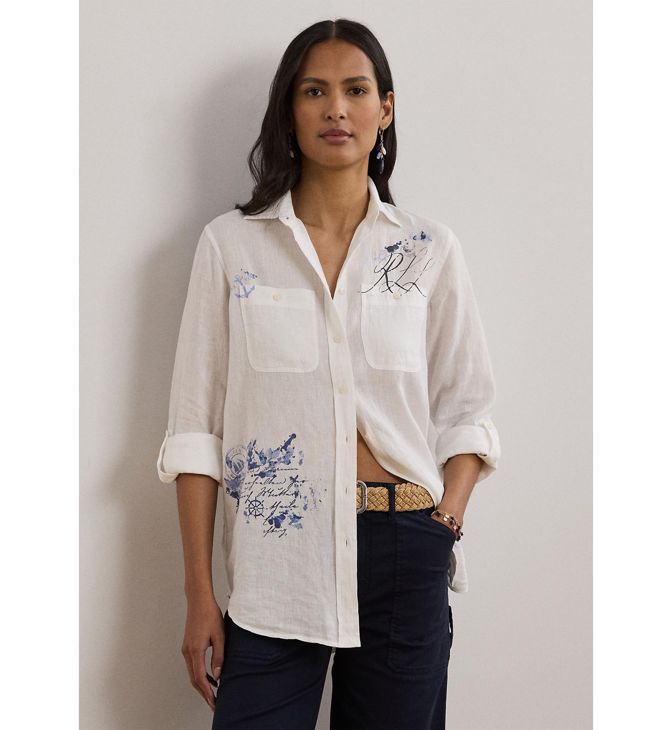 Relaxed Fit Print Roll Tab Sleeve Shirt