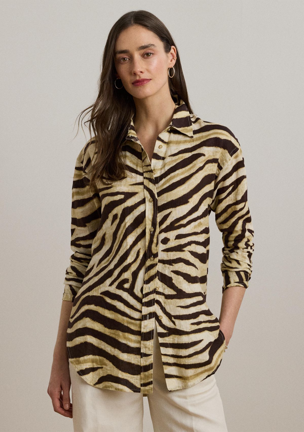 Womens Relaxed Fit Zebra-Print Linen Shirt
