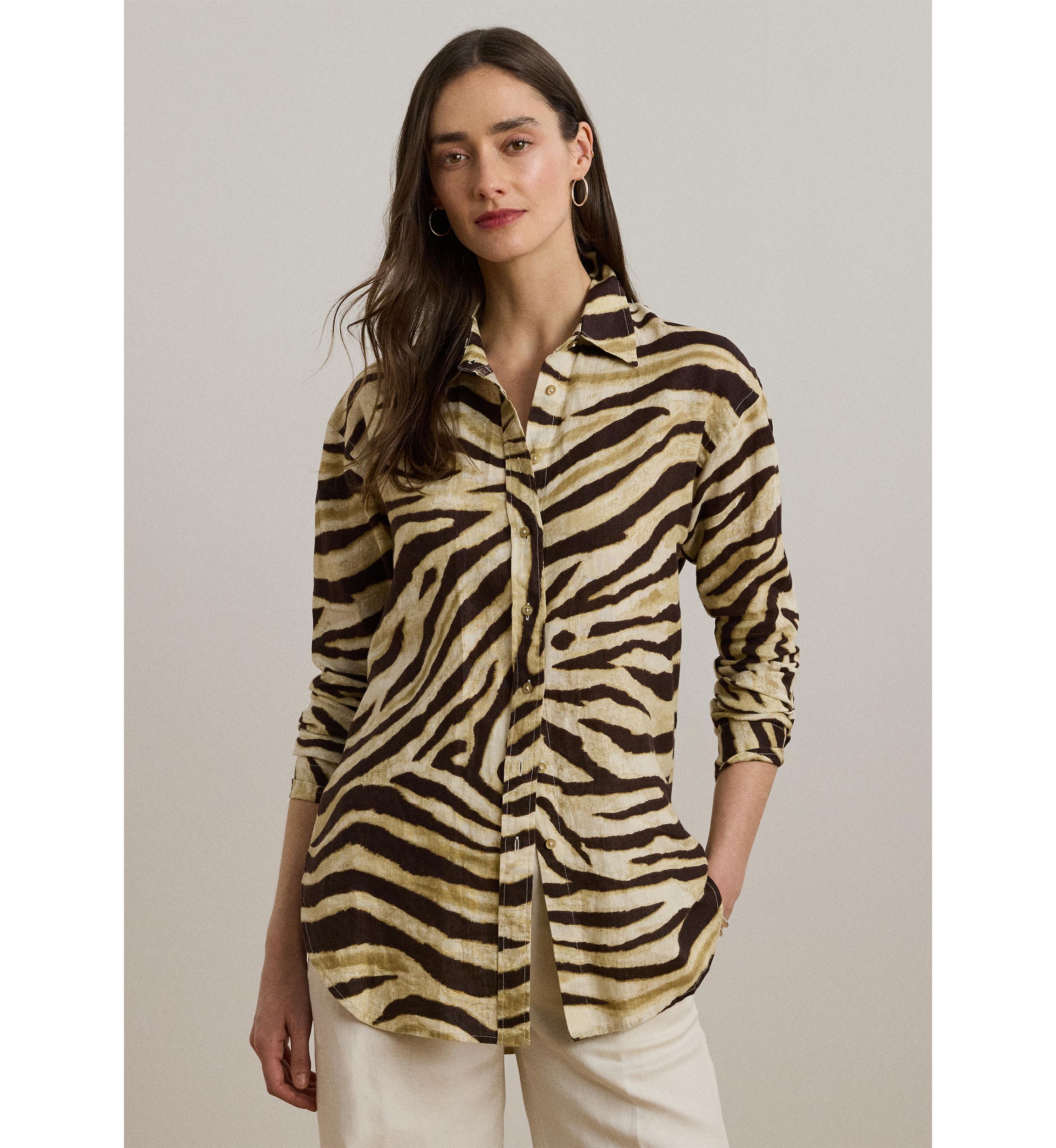 Womens Relaxed Fit Zebra-Print Linen Shirt
