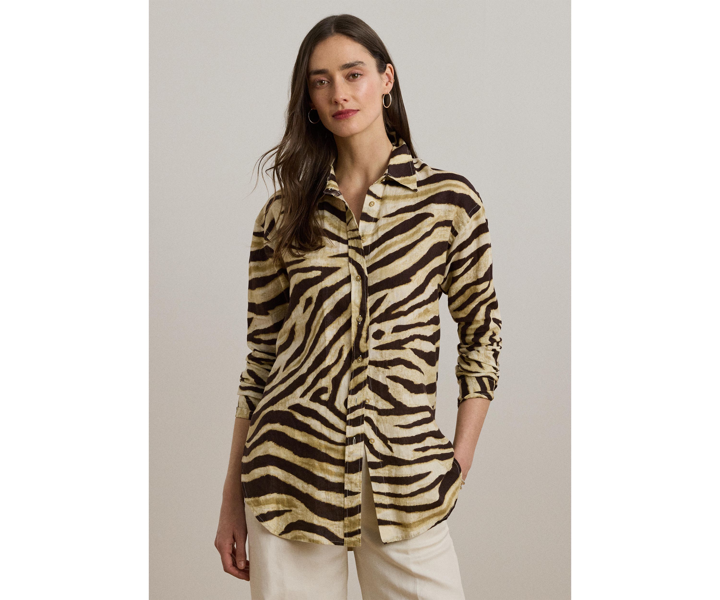 Womens Relaxed Fit Zebra-Print Linen Shirt