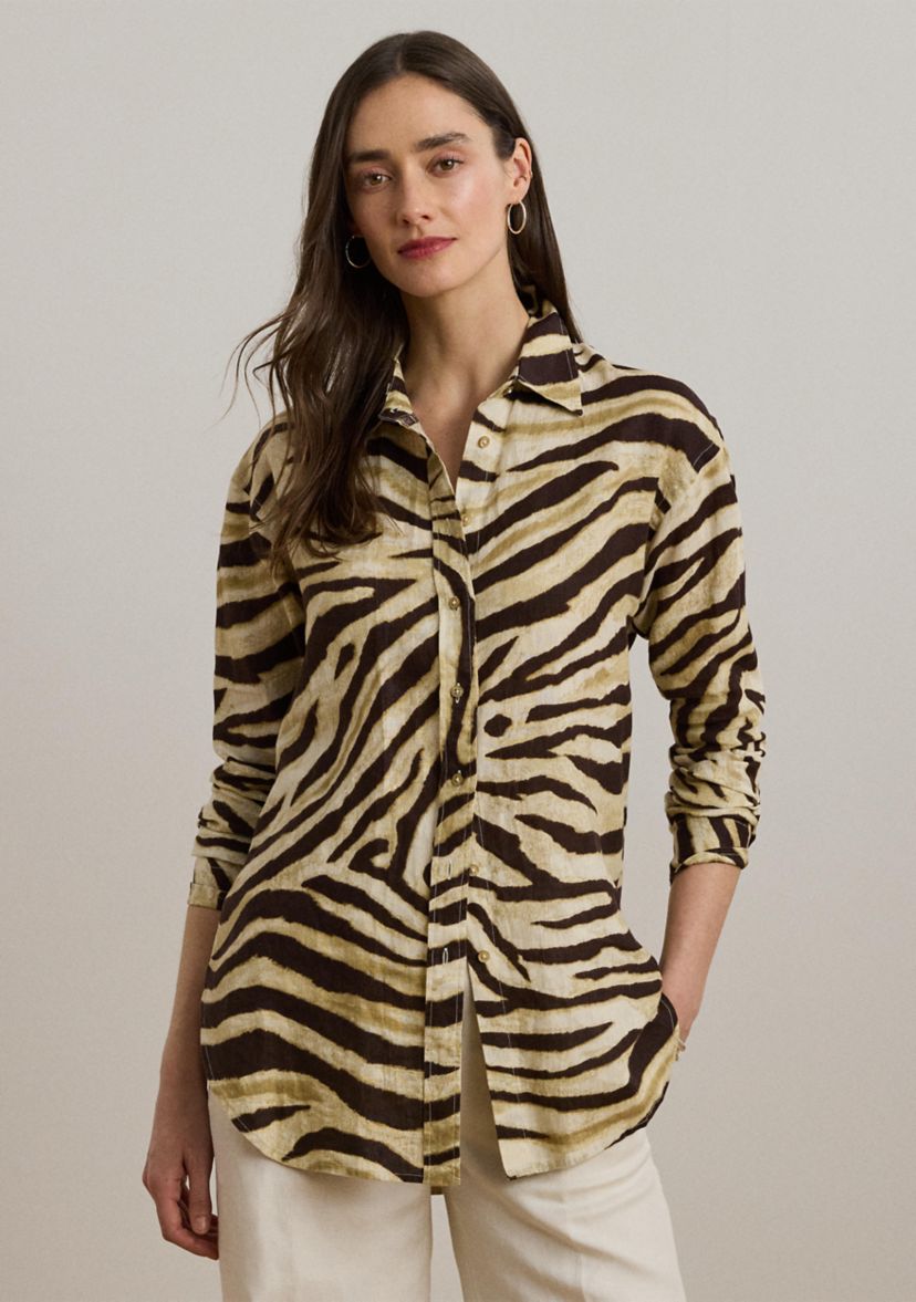 Womens Relaxed Fit Zebra-Print Linen Shirt