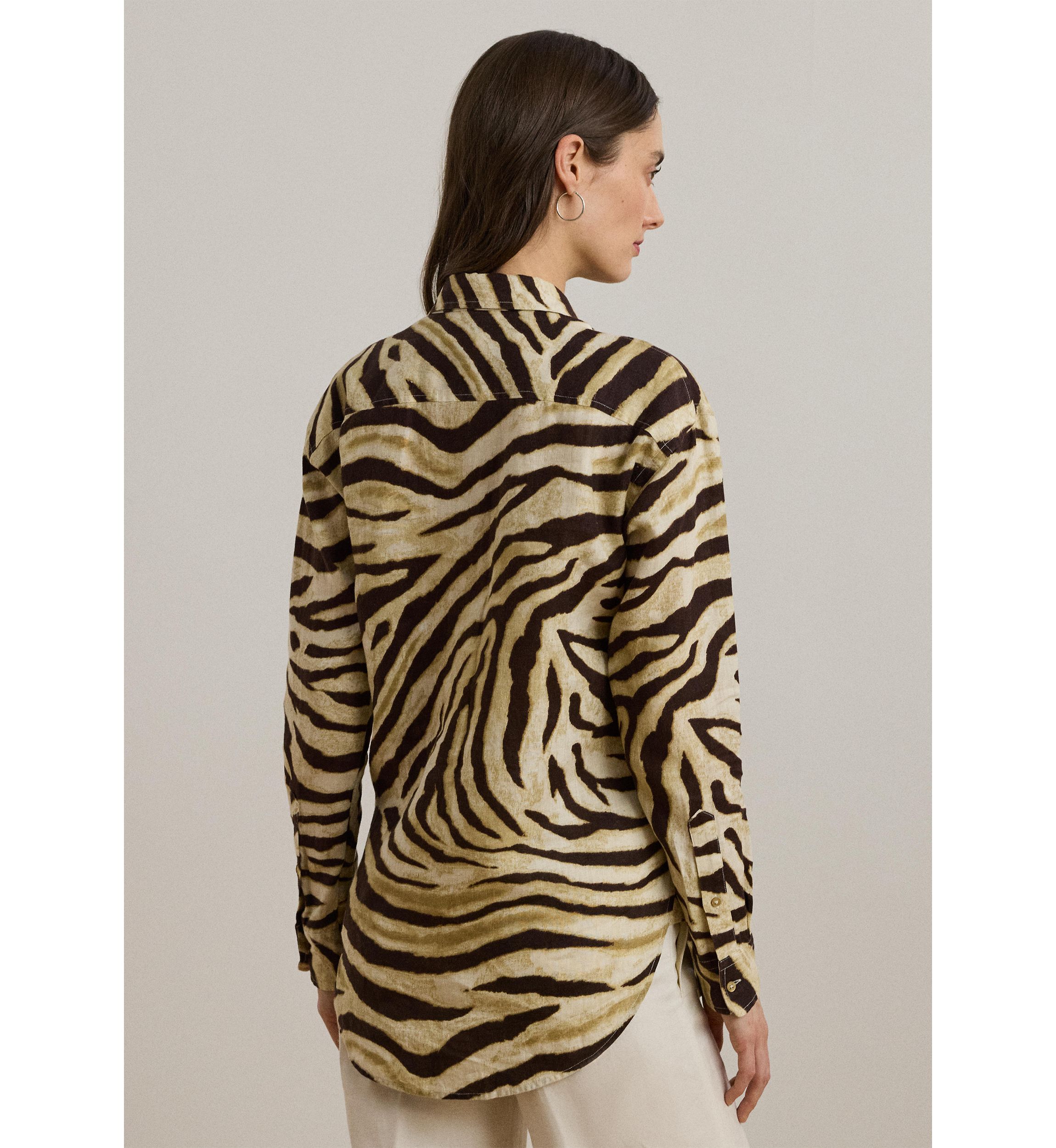 Womens Relaxed Fit Zebra-Print Linen Shirt