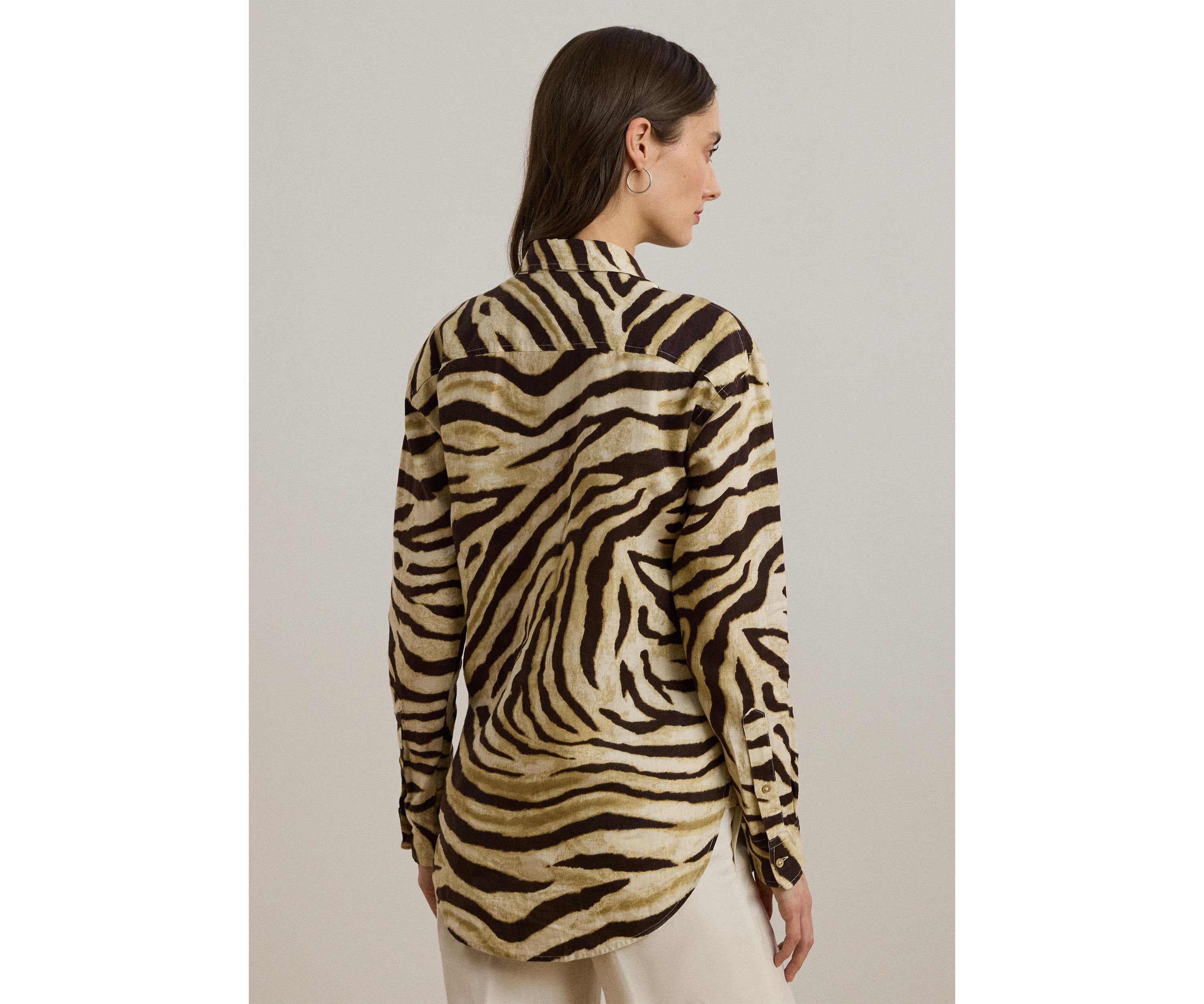 Womens Relaxed Fit Zebra-Print Linen Shirt
