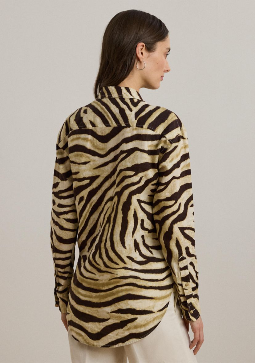 Womens Relaxed Fit Zebra-Print Linen Shirt