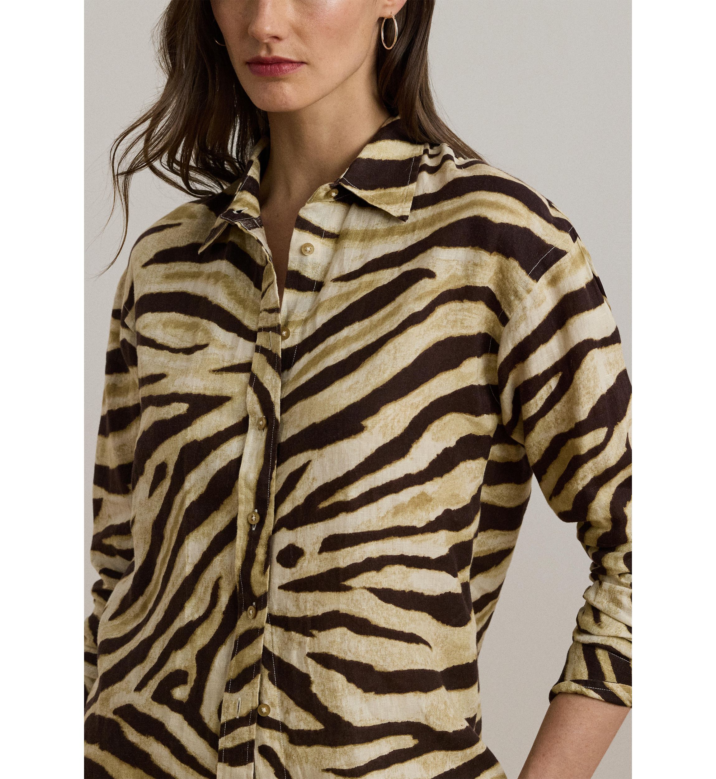 Womens Relaxed Fit Zebra-Print Linen Shirt