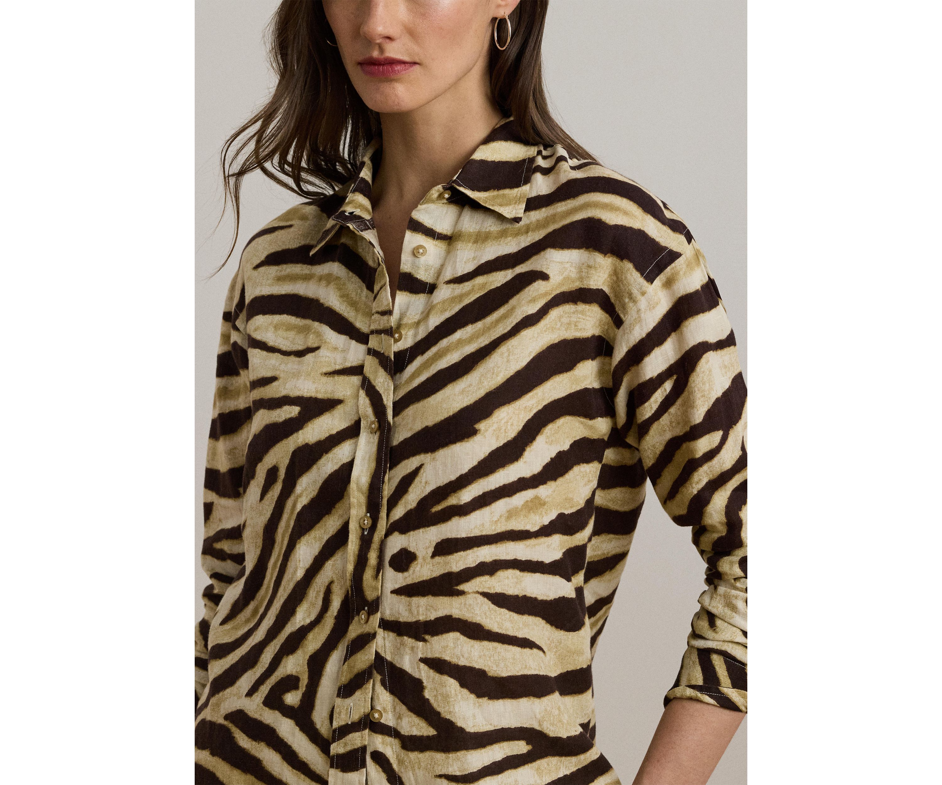 Womens Relaxed Fit Zebra-Print Linen Shirt